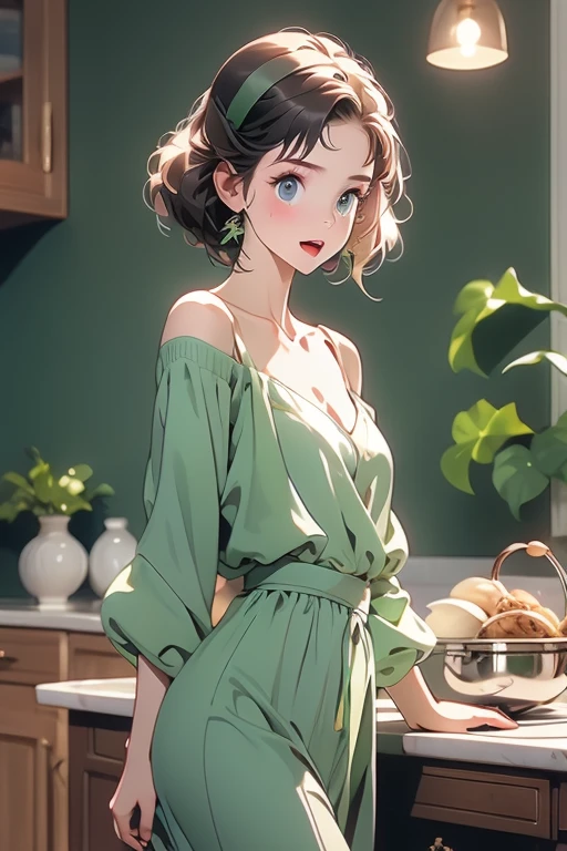 (small breasts:1.3), (perky chest:1.1), (pointed chest:1.0), (fashion magazine cover:1.3),(from below:1.0),(from side:0.9),masterpiece, 1girl, Amazing Cleavage:1.1, thin waist, big ass, Raised sexy, small breast: 1.3, posed cleavage:1.2、solo, looking at viewer, open mouth, have a cute grass of cute beergrass,black hair, dark green eyes, dress, bare shoulders, jewelry, collarbone, sidelocks, hairband, earrings, indoors, off shoulder, :o, sweater, arms behind back, plant, short hair with long locks, gild hairband, off-shoulder dress, sweater dress, off-shoulder sweater, red sweater, dark gord hair, big side hair, very long side hair,is rendered in (masterpiece: 1.2, best quality), with (ultra high resolution) and an exquisite (depth of field). This masterpiece is not only visually stunning but also tells,A scene of cooking in the kitchen by classroom