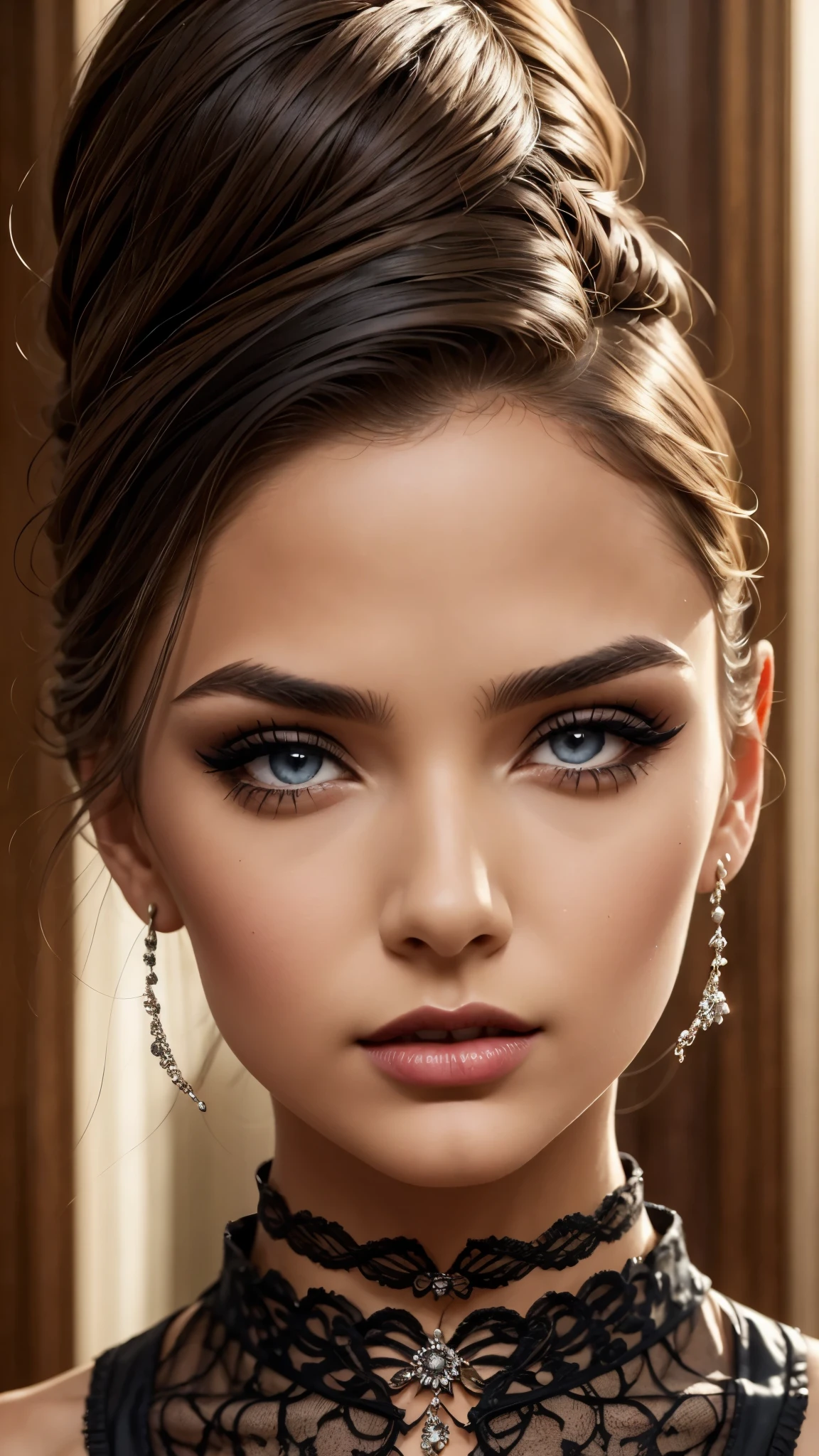 a girl with a collar, 1girl, beautiful detailed eyes, beautiful detailed lips, extremely detailed face and eyes, long eyelashes, detailed skin and hair, intricate collar, high fashion, elegant, detailed clothing, soft lighting, cinematic, photorealistic, 8k, high resolution, masterpiece, ultra-detailed, realistic, vivid colors, warm color palette