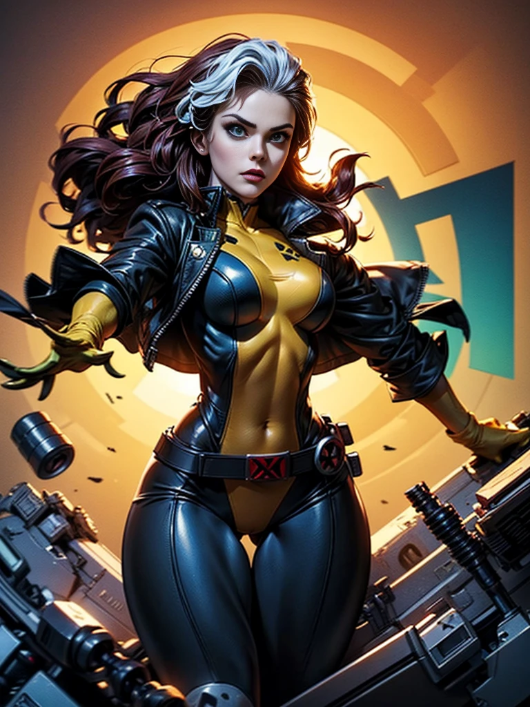 Daisy Ridley、masterpiece、High quality 4K、villain (X-Men)、Gothic Girl、Sculpted Body Gothic Makeup、Black jacket、Red and blue bodysuit、masterpiece、highest quality、Cowboy Shots、one personの女の子、one person、Technology Military Bodysuit、fringe