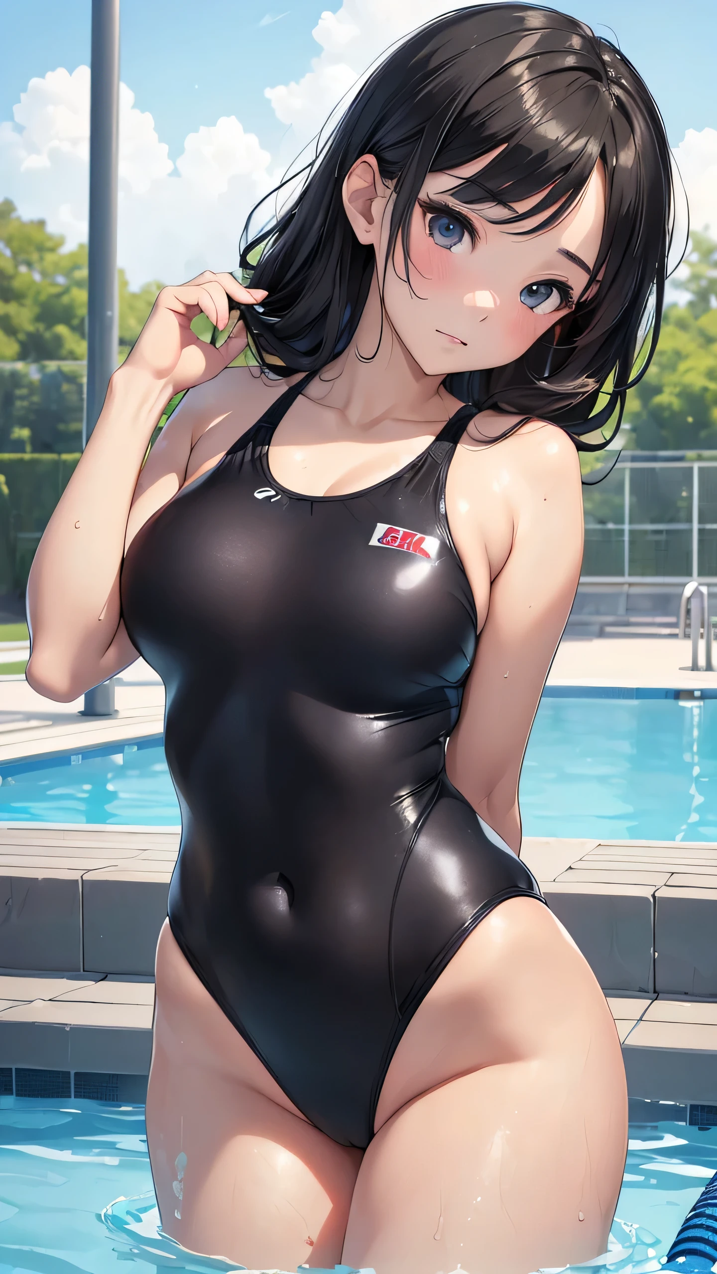 (((masterpiece))),(((High resolution)))、(((8K)))、(((perfect face)))、(((beauty of japan)))、、(((beautiful face))), ((swimsuit)), (((black competitive swimsuit))), Plump, embarrassed look, look at the camera, (thighs)、((top quality eyes)), ((detailed texture)), ((high resolution face)), (at the pool)
