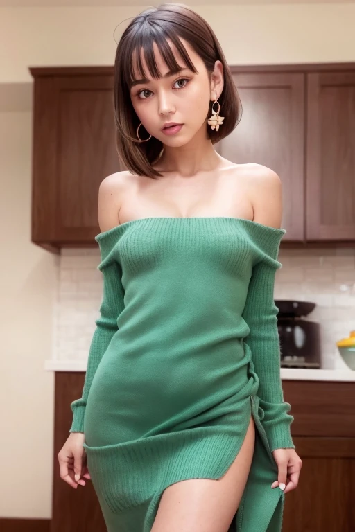 (small breasts:1.3), (perky chest:1.1), (pointed chest:1.0), (fashion magazine cover:1.3),(from below:1.0),(from side:0.9),masterpiece, 1girl, Amazing Cleavage:1.1, thin waist, big ass, Raised sexy, small breast: 1.3, posed cleavage:1.2、solo, looking at viewer, open mouth, have a cute grass of cute beergrass,black hair, dark green eyes, dress, bare shoulders, jewelry, collarbone, sidelocks, hairband, earrings, indoors, off shoulder, :o, sweater, arms behind back, plant, short hair with long locks, gild hairband, off-shoulder dress, sweater dress, off-shoulder sweater, red sweater, dark gord hair, big side hair, very long side hair,is rendered in (masterpiece: 1.2, best quality), with (ultra high resolution) and an exquisite (depth of field). This masterpiece is not only visually stunning but also tells,A scene of cooking in the kitchen by classroom