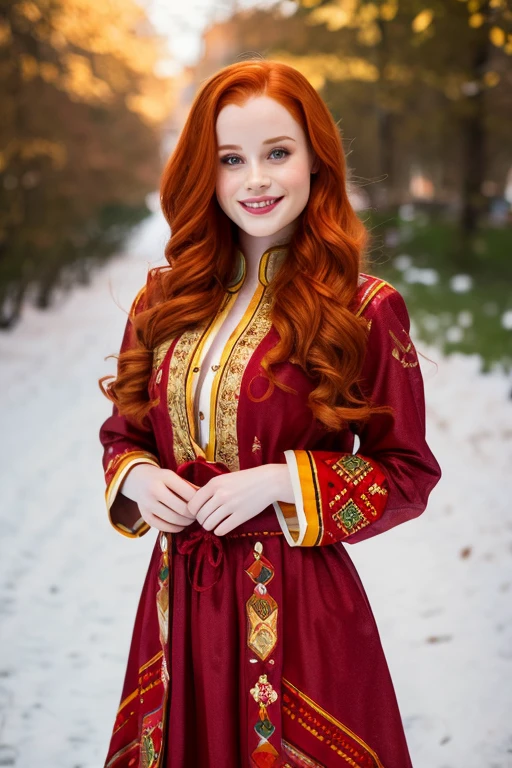 Madelaine Petsch with wavy hair dressed in traditional Romanian clothing and a sexy smile.