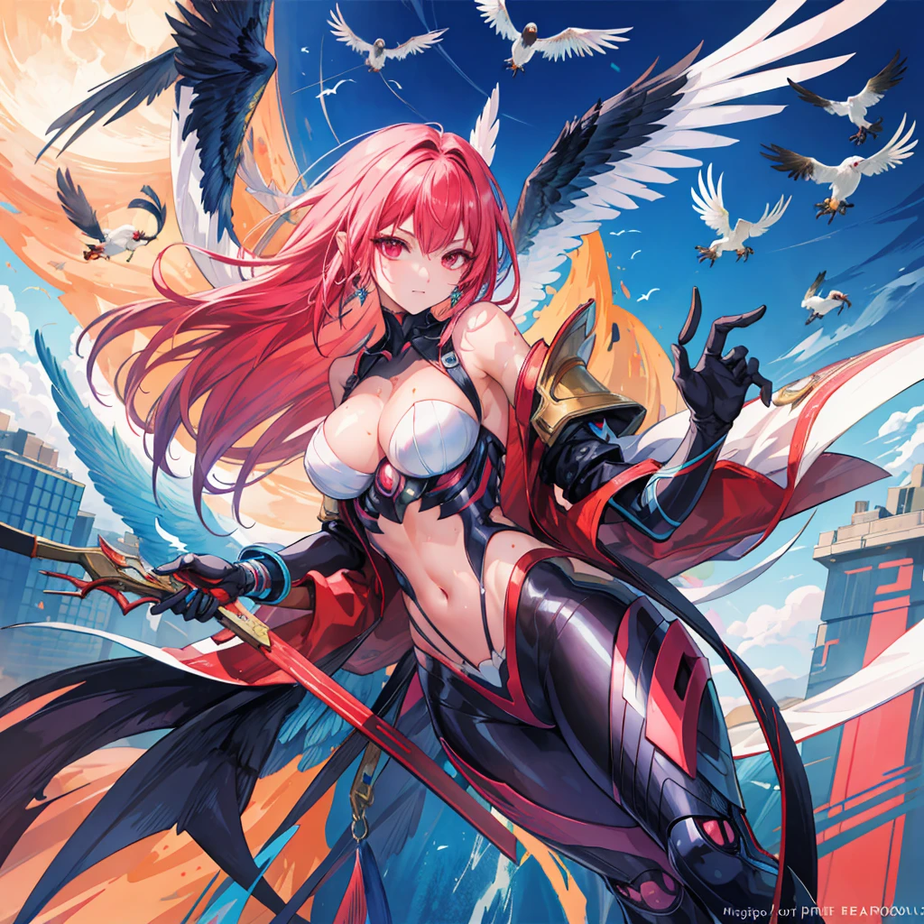 (masterpiece, highest quality), (Thin Hair), Super detailed, Anime Style, alone, full length, Concept Art, Sunburned skin, Cyberpunk Harpy Ninja Lady, Half Eagle, Bird wings, Bird's feet, Cyber Streetwear, With the Eagle. Super huge, Tattered Gauntlets, Tall and stylish, tech boots, Very large. Muscular but feminine body type, White Background, full lengthに立って, Standing on the desolate land,