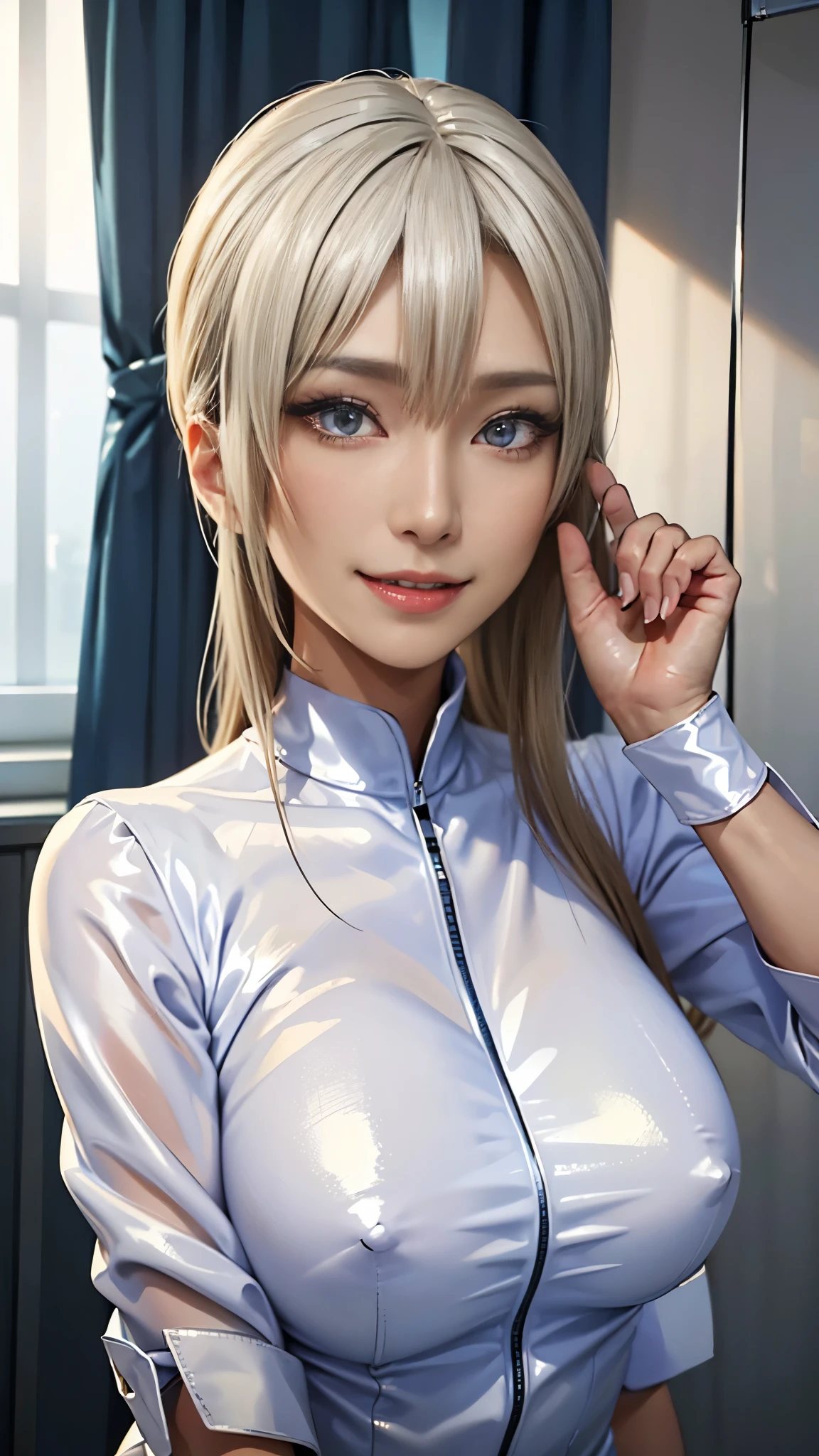 (masterpiece, highest quality, highest quality, Official Art, Beautiful and aesthetic:1.2), Cinematic lighting、(Key light at 45 degrees from the front,Orange fill light、Soft blue backlight、Strong shadows、Blue and orange color palette), Accurate human body、Detailed people、Correct five-finger、4K - ultra-vivid、highest quality, masterpiece, Ultra-high resolution, Detailed Background、The perfect background、(Little devil smile、mesugaki Smile:1.5), 　　　　　　　　　　　　　

((Oily skin,Sparkling Skin、Realistic skin texture、Detailed beautiful skin、Shiny skin、Slimy skin、Glowing Skin、Shiny skin)), White skin, Real human skin, (be familiar with), Oval Face, pore, Ultra-high resolution, (8K, RAW Photos, Realistic: 1.4), One Girl, slim, (Gentle, goddess-like eyes) happiness: 1.2), (Lip gloss, eyelash, Gloss Face, highest quality, Ultra-high resolution, wide lighting, Natural Shading)、(sexy), Absolute area、long beautiful thin legs、low length、(Ecstatic sexy smile expression:0.8,)  (Closed curtains、Dark, unlit room:1.5, night:1.8)、