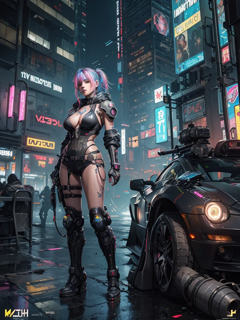 Unbeatable masterpiece, Ultra photo realsisim, Perfect Artwork, Intricate details, Best Quality, strong lights,High contrast,((Post apocalyptic futuristic Cyberpunk , outline):1.35) , ((masterpiece)),((Extremely detailed)) , ((extremely detailed and beautiful face)) , Smoky makeup, Perfectcomposition , intricate detailes , neon light , neon trim, (full body Esbian:1.25) , (Official art) , Very delicately beautiful cyberpunk girl, long rainbow colored hair blowing in the wind, cybernetic limbs, vibrant yellow eyes, long detailed eyelashes, huge enormously gigantic tits, cleavage showing, wearing highly detailed futuristic oversized hooded battle armor, tons of tattoos and piercings(1girl:1.3) , Solo , (glass screen:1.2) , (Clear glass) , Tindall Effect , Colorful refraction , visual impact , (High light contrast) , Colorful , Melt , (Cyberpunk:1.2) ,(flinch :1.4) ,