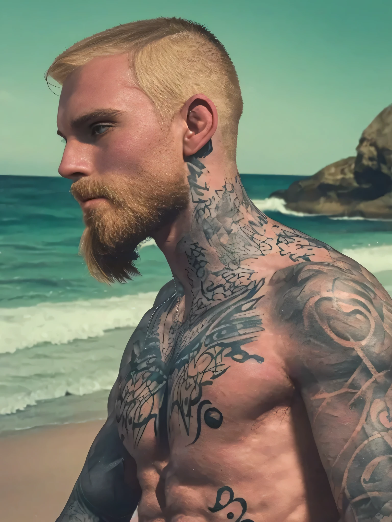 arafed man with tattoos on his arms and neck standing on the beach, marshal mathers, christian cline, tattooed man, with tattoos, tattooed, andrew gonzalez, profile image, inked, posing on a beach with the ocean, damian kryzwonos, blonde man, raphael personnaz, style of seb mckinnon, adam varga, one man is blond
