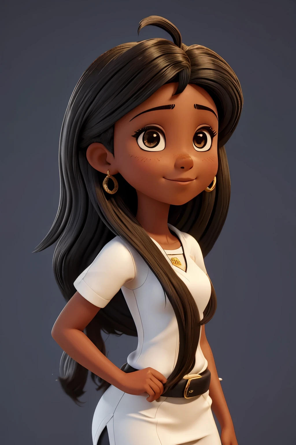Garota de ,pele morena,cabelo liso,longo e bem preto, com franja longa na altura da orelha,com um sinal abaixo do nariz