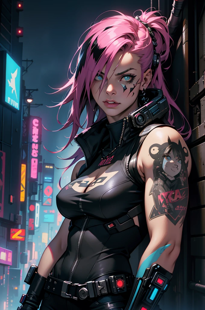 Cyberpunk portait beautifull woman, oversized cybernetic arms, night cyberpunk city skyline, snthwve style nvinkpunk, by jeremy mann, by sandra chevrier, by dave mckean and richard avedon and maciej kuciara, punk rock, tank girl, high detailed, 4k, RTX