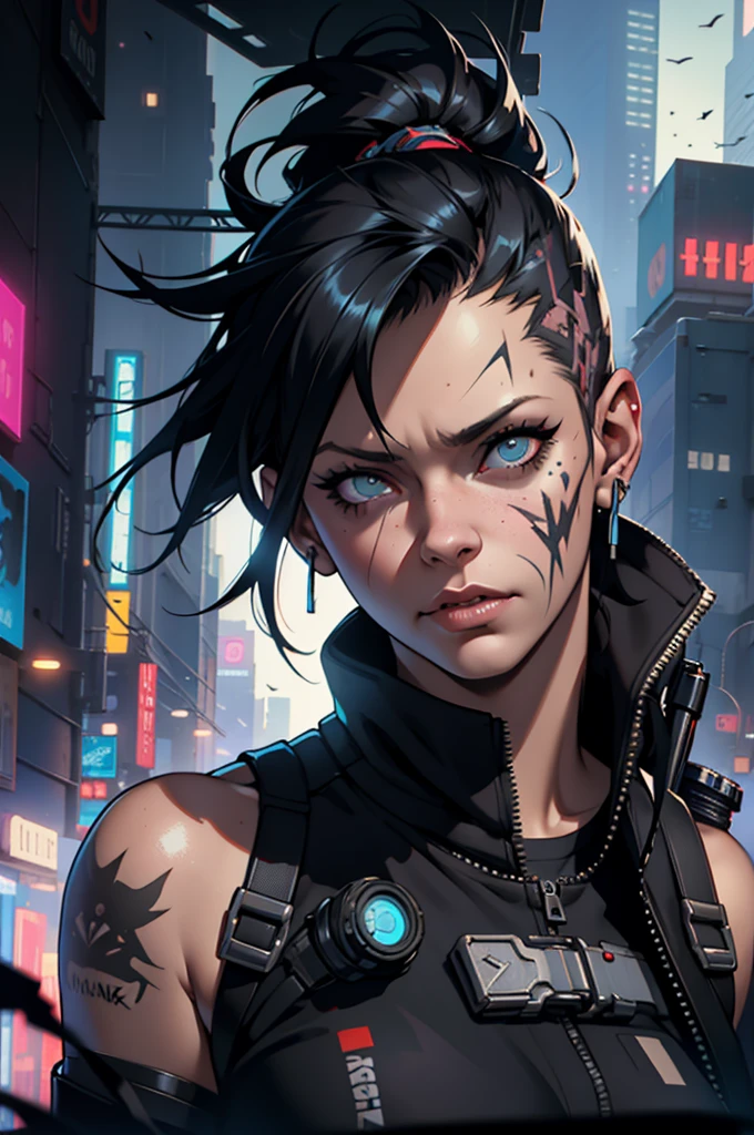 Cyberpunk portait beautifull woman, oversized cybernetic arms, night cyberpunk city skyline, snthwve style nvinkpunk, by jeremy mann, by sandra chevrier, by dave mckean and richard avedon and maciej kuciara, punk rock, tank girl, high detailed, 4k, RTX