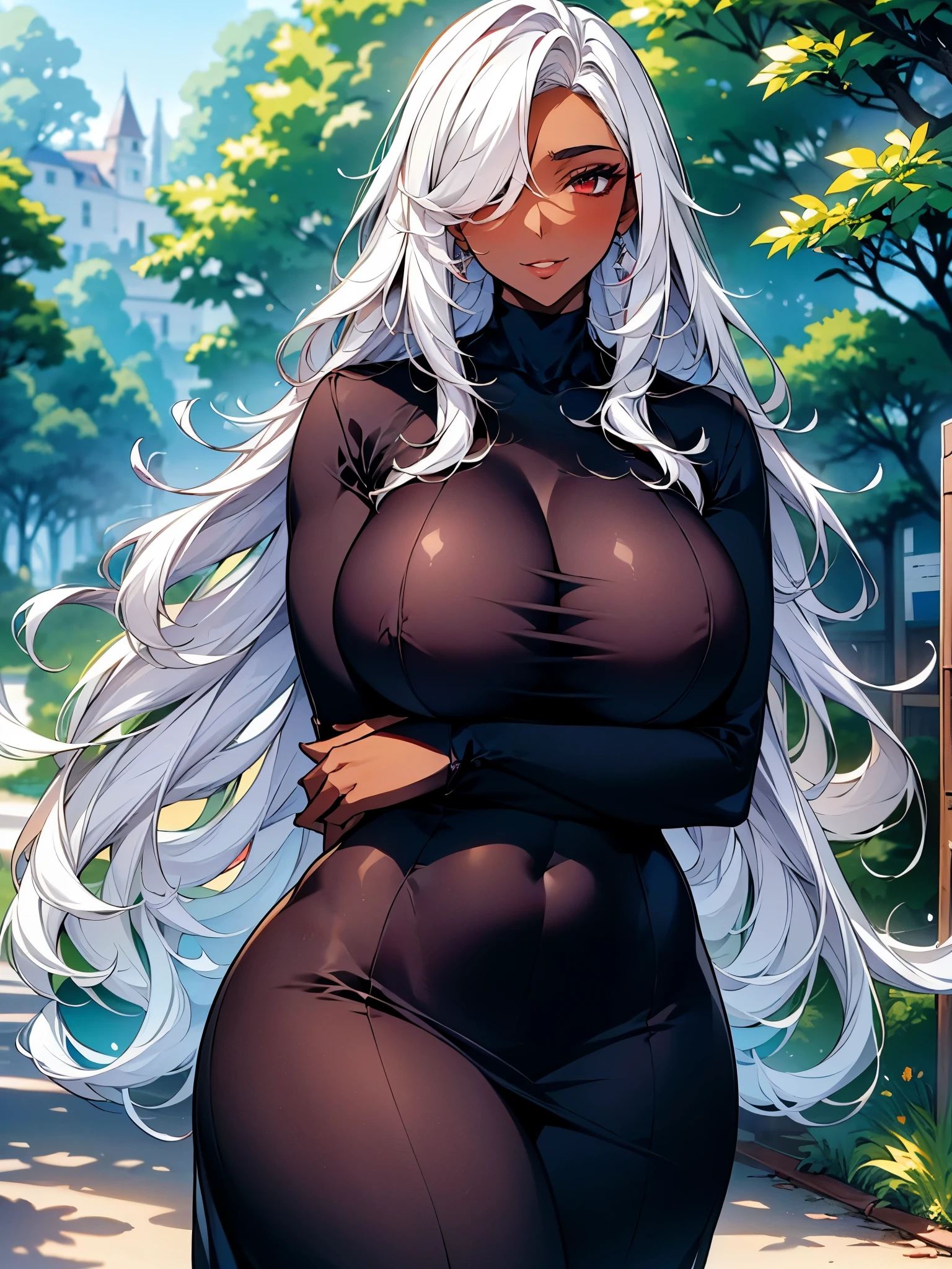 (Artwork: 1.2), (best quality, Official Artwork, Masterpiece, 8k, HD, Ultra-Detailed), 1 woman, red eyed woman, mature, tall (2.11), a beautiful 32 year old woman, dark skin, white hair, straight hair and bright, ((hair over one eye)), (big hair), ((eye red)), ultra realistic eye, ultra-detailed eye, eyes red, eyes well proportioned to your face, extremely detailed eye, perfect eye, extremely realistic eye, well-lined eye, long eyelashes, Anime style, perfect face, face that looks about 32 years old, full lips, smiling, mature, Dark skin, natural body, sexy body, MILF body, (ideal body proportion), perfect hands, detailed hands, fine hands proportioned to the body, realistic hands, arms with good anatomy, she was wearing only an immaculate black dress that still could not hide her huge and large breasts that drooped due to her size, thick thighs, wide hips, ((woman with dark skin, white hair, red eye, and full lips)), Looking at the viewer, configuration of background, setting in an forest with wooden houses in the background, ultra-detailed, posing alone Looking at the viewer