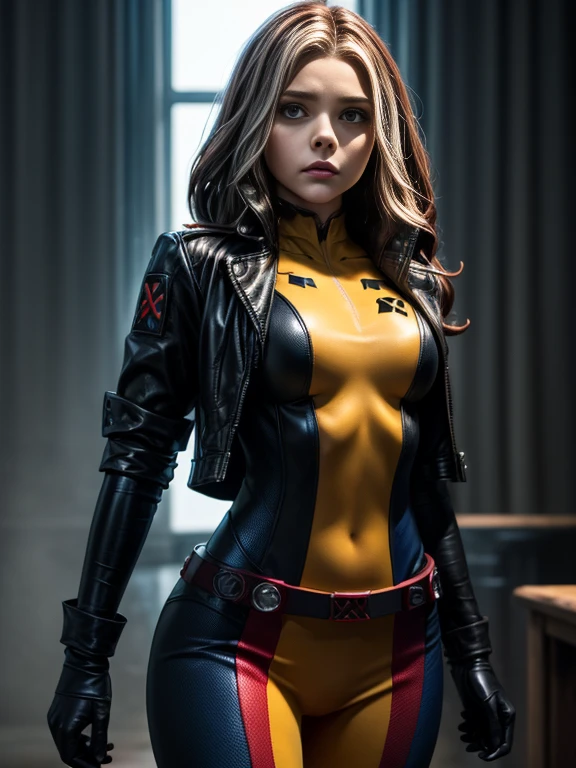 Chloe Grace Moretz、masterpiece、High quality 4K、villain (X-Men)、Gothic Girl、Sculpted Body Gothic Makeup、Black jacket、Red and blue bodysuit、masterpiece、highest quality、Cowboy Shots、one personの女の子、one person、Technology Military Bodysuit、fringe