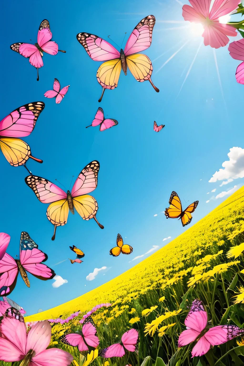 Pink butterflies and yellow butterflies flying over big pink, yellow and green flowers