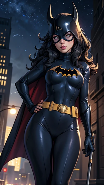 [1girll (Batgirl) 1.2] (Night sky, Cityscape, gotham city background) [Reality 0.8] [3d 0.9] [Mask, Long hair, Blue eyes, tightsuit, Breasts, Cape, domino mask, belt, breasts, Superhero, mitts, Lips, Black bodysuit, helmet, belt buckle, Horns, bat_print, pouch) 1.1] [Curvy (Narrow waist, small breasts) 1.2] [Grading 1.1]