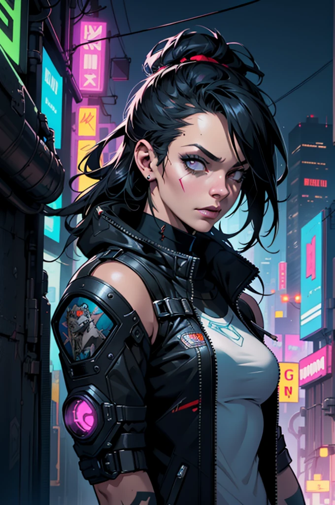 Cyberpunk portait beautifull woman, giant cybernetic shoulder pads, oversized cybernetic arms, night cyberpunk city skyline, snthwve style nvinkpunk, by jeremy mann, by sandra chevrier, by dave mckean and richard avedon and maciej kuciara, punk rock, tank girl, high detailed, 4k, RTX