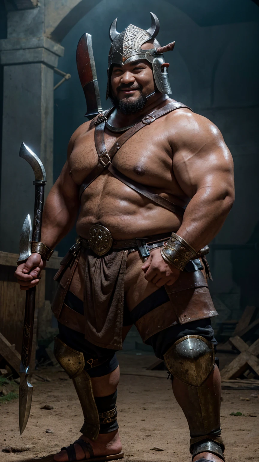 looking at me, face focus, a fat villain barbarian, mid combat, He is a ferocious Japanese fat barbarian, intense battle scene, leather armor, viking helmet, holding a double edged ancient legendary axe, legs exposed from thighs to feet, fierce, battleground background, Standout features include a prominent nose and thick eyebrows, bald, masterpiece, volumetric lighting, Dramatic, Uighur the Warden, ((ultra sharp)), ((masterpiece)), ((best quality)), ((ultra detailed)), ((intricate details)), Inguinal region detailed, Dilapidated, smirking of satisfaction,