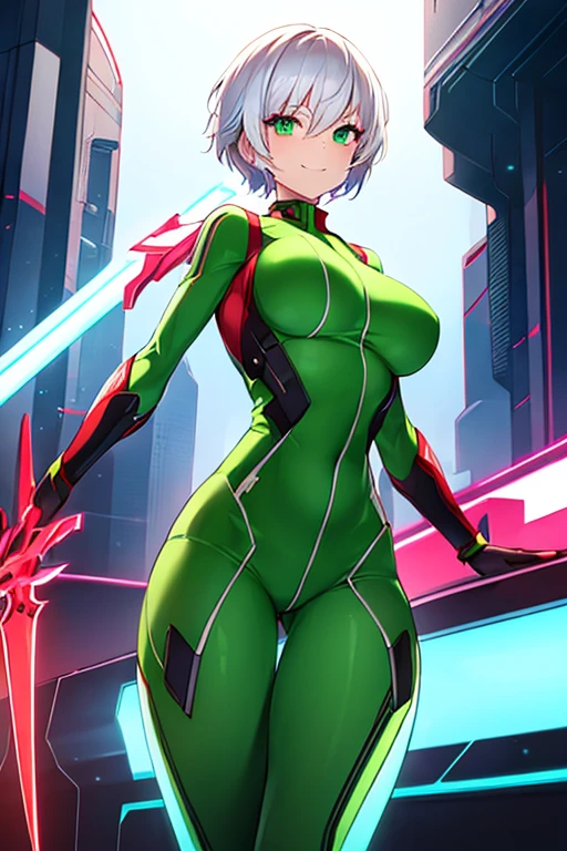 1girl, white hair, very short hair, red bodysuit, bodysuit, green eyes, futuristic, machinery, science-fiction, large breasts, toned, breasts, thick thighs, smile, sword, neon trim, neon, neon lights, green trim, ((red bodysuit))