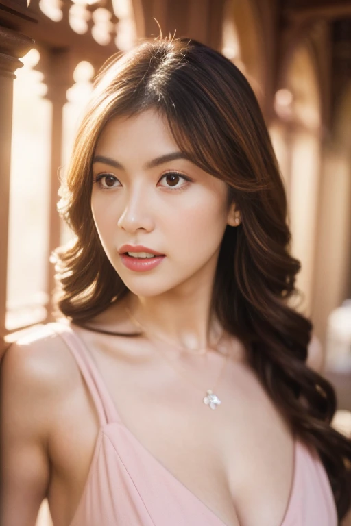 (masterpiece, best quality:1.2), 1girl, solo,
a close up of a woman wearing a Light pink dress and a necklace, gorgeous model, attractive neck, , sie boob, jaw-dropping beauty, bust with a beautiful neck, bust with a long beautiful neck,sexy poses,in castle
