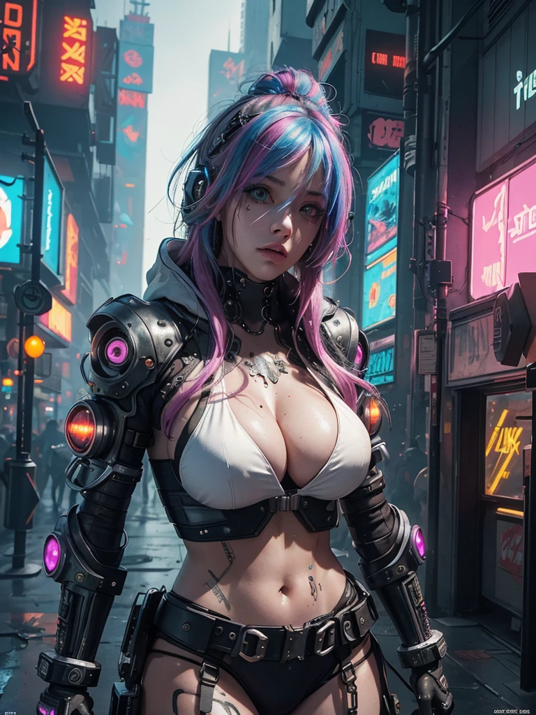 3/4 shot.Unbeatable masterpiece, Ultra photo realsisim, Perfect Artwork, Intricate details, Best Quality, strong lights,High contrast,((Post apocalyptic futuristic Cyberpunk , outline):1.35) , ((masterpiece)),((Extremely detailed)) , ((extremely detailed and beautiful face)) , Smoky makeup, Perfectcomposition , intricate detailes , neon light , neon trim, (full body Esbian:1.25) , (Official art) , Very delicately beautiful cyberpunk girl, long rainbow colored hair blowing in the wind, cybernetic limbs, vibrant yellow eyes, long detailed eyelashes, huge enormously gigantic tits, cleavage showing, wearing highly detailed futuristic oversized hooded battle armor, tons of tattoos and piercings(1girl:1.3) , Solo , (glass screen:1.2) , (Clear glass) , Tindall Effect , Colorful refraction , visual impact , (High light contrast) , Colorful , Melt , (Cyberpunk:1.2) ,(flinch :1.4) ,