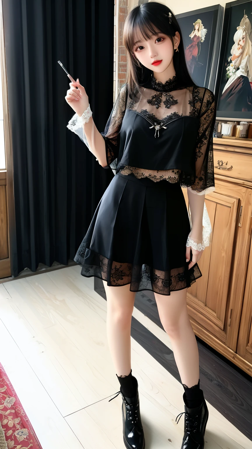 ((best quality)), ((masterpiece)), (detailed), 1 Girl, whole body,Lace top, black