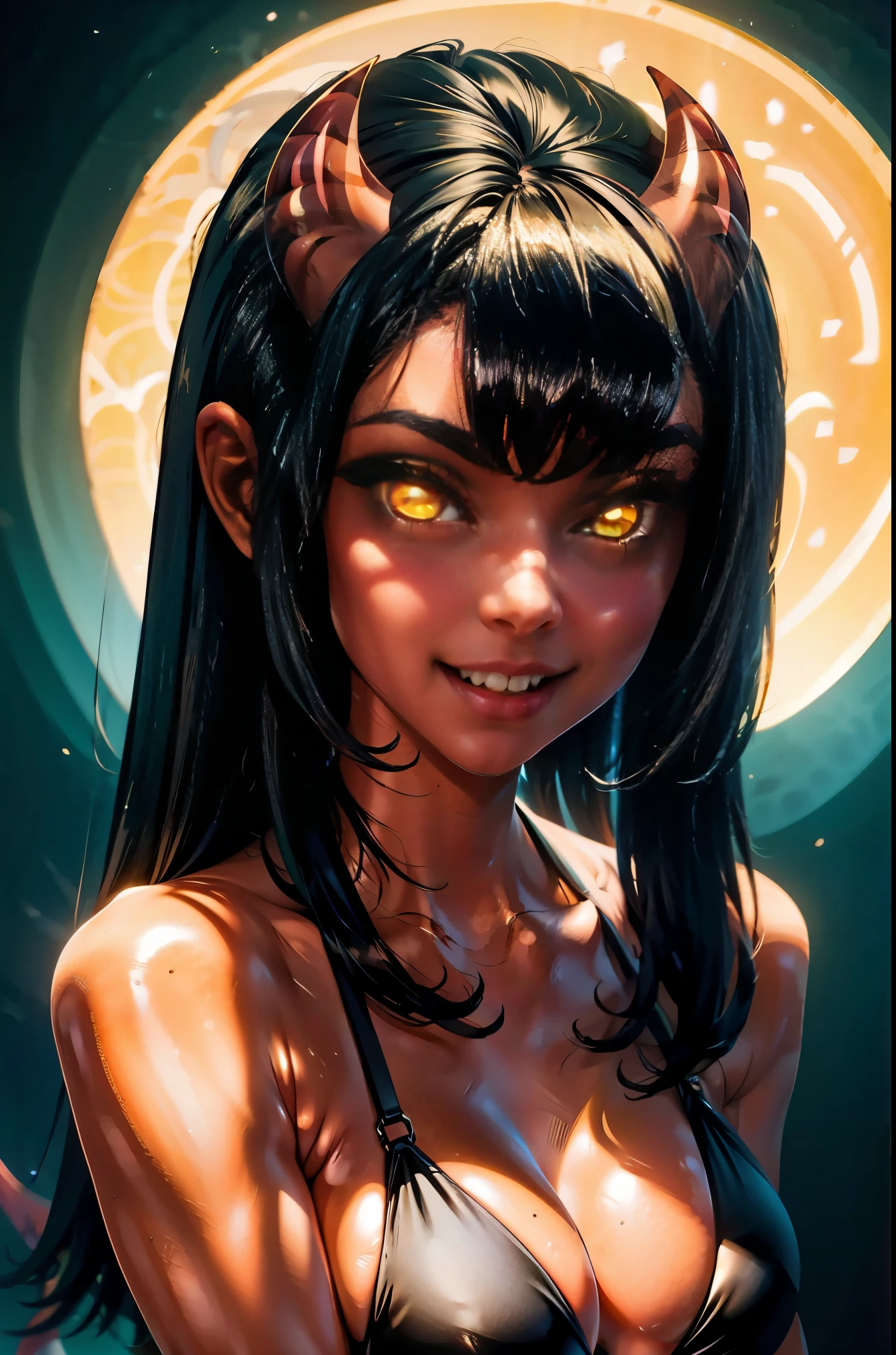 Meru the succubus, pele vermelha, olhos amarelos brilhantes, iris of the eye is yellow and bright, dois pequenos chifres vermelhos com listras em vermelho escuro, cabelo preto com franja reta, orelhas pontiagudas, sorriso mostrando os dentes brancos, black bikini, warm lighting, luzes de neon, 