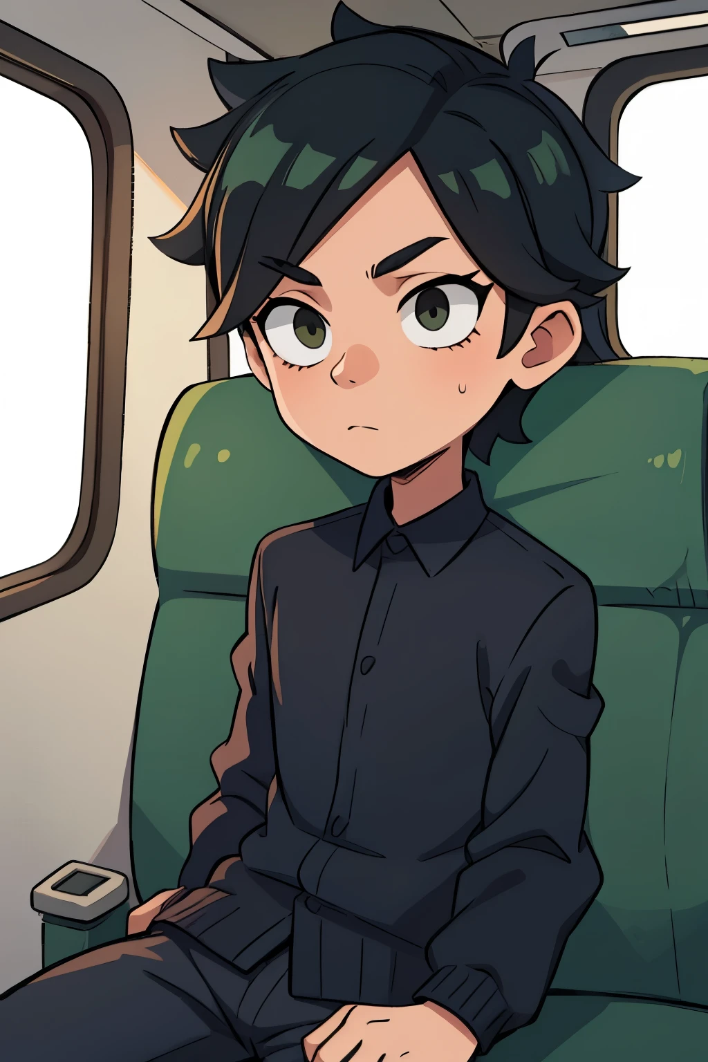 Boy with green and black hair and in student clothes on a bus 