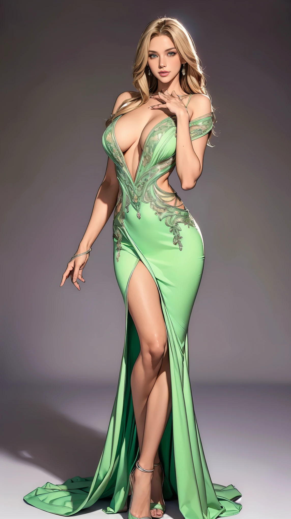 ((masterpiece,best quality,8k,highres)),((character concept art)), 1 female, mature female, retired supermodel, single mother, 175 cm height, (long blonde hair), blonde hair, (tan skin colour), ultra finely detailed eyes (green eyes colour), extraordinary gorgeous, seductive, flirty, lustful, perfect body build ((slim curvaceous)), ((intricate detail)), super finely detailed hands, ultra finely detailed fingers(((ten fingers))), (elegance white deep v neck evening dress), (standing still), (full body showcase), (show full body), (no logos on background), (no logo), ((plain background)), ((plain background)), (((empty background)))