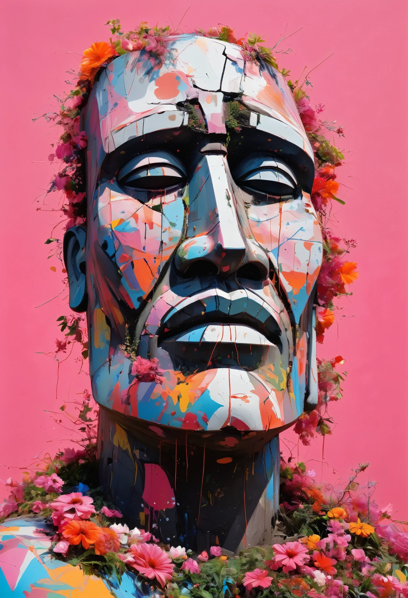 Graffiti, scribble, Comics by Petra Cortright, best quality, masterpiece, moai statue artwork, Representative work, official art, Professional, Ultra intricate detailed, 8k, moai statue art, colourful background 