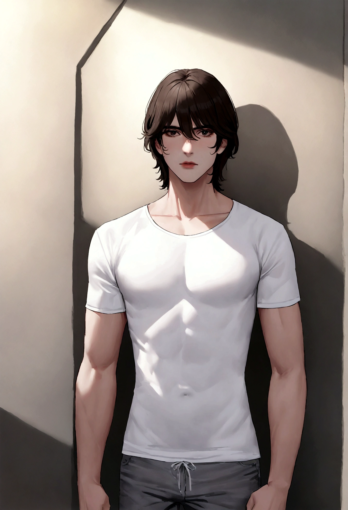 (Camiseta blanca para hombre), ), (con una barba corta,) Aspecto atractivo y serio, Dark brown hair, Elegante y con estilo, Camiseta de cuerpo fuerte afeitada, Un hombre similar al actor Jim Morrison, (Imagen realista y de alta calidad), Apartamento escandinavo en el fondo con pintura de pared azul, ((La mejor calidad, 8K, obra maestra).
