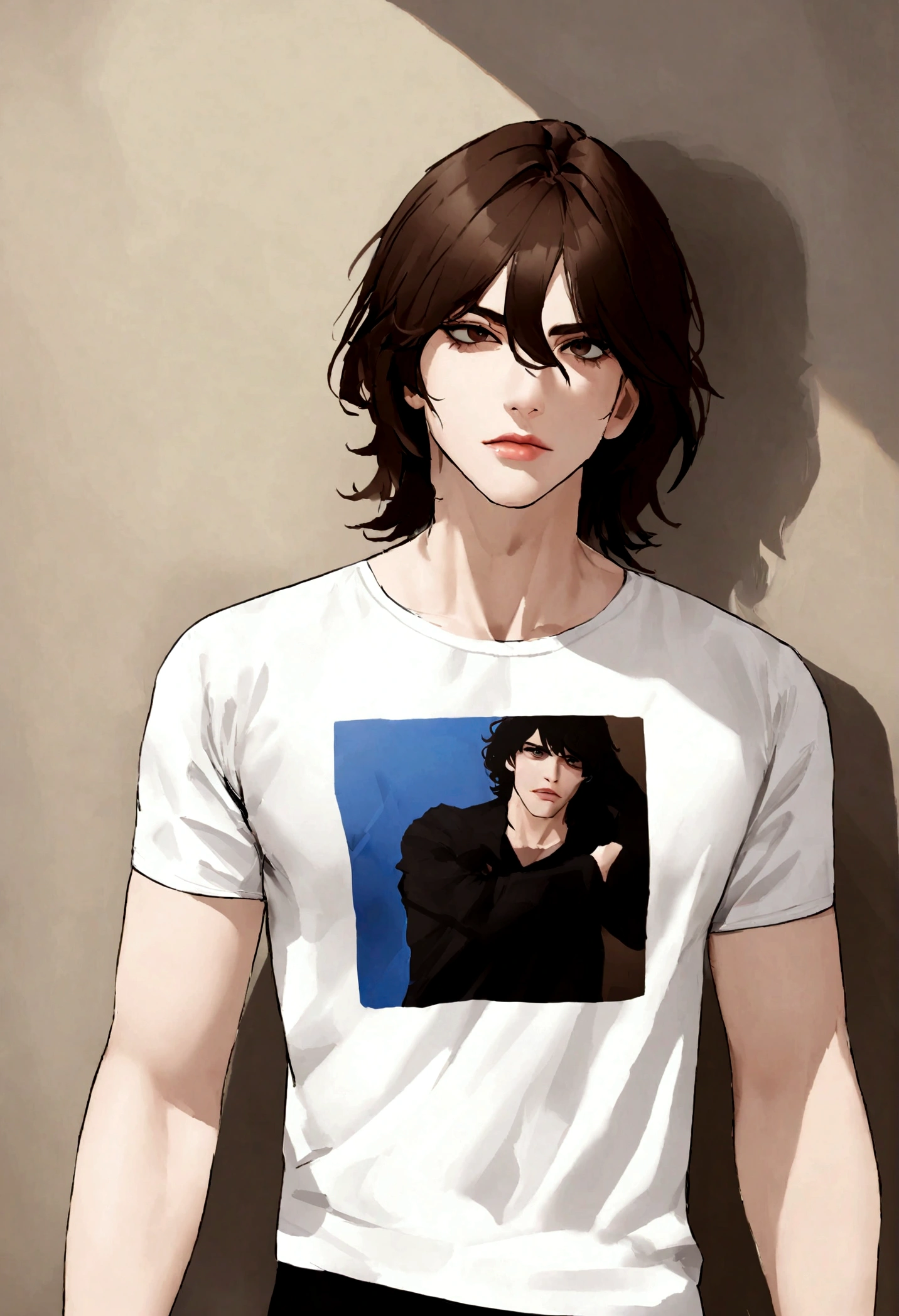 (Camiseta blanca para hombre), ), (con una barba corta,) Aspecto atractivo y serio, Dark brown hair, Elegante y con estilo, Camiseta de cuerpo fuerte afeitada, Un hombre similar al actor Jim Morrison, (Imagen realista y de alta calidad), Apartamento escandinavo en el fondo con pintura de pared azul, ((La mejor calidad, 8K, obra maestra).