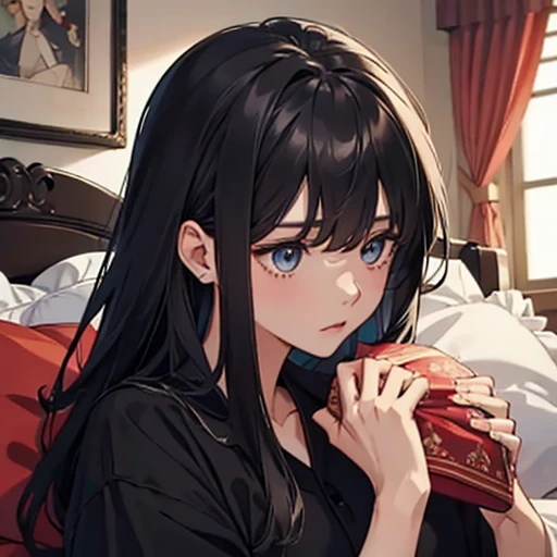 calidad de imagen de alto nivel、pelo negro、s Pajamas、、、Sleep habits、、Una calidad de imagen ultraalta、mirando esto、pretty eyes while holding the cushion and staring at it.、juventud、calidad de imagen de alto nivel、8K、Male 、Cara somnolienta、un chico、humano、en las camas, ojos rojos, enojado