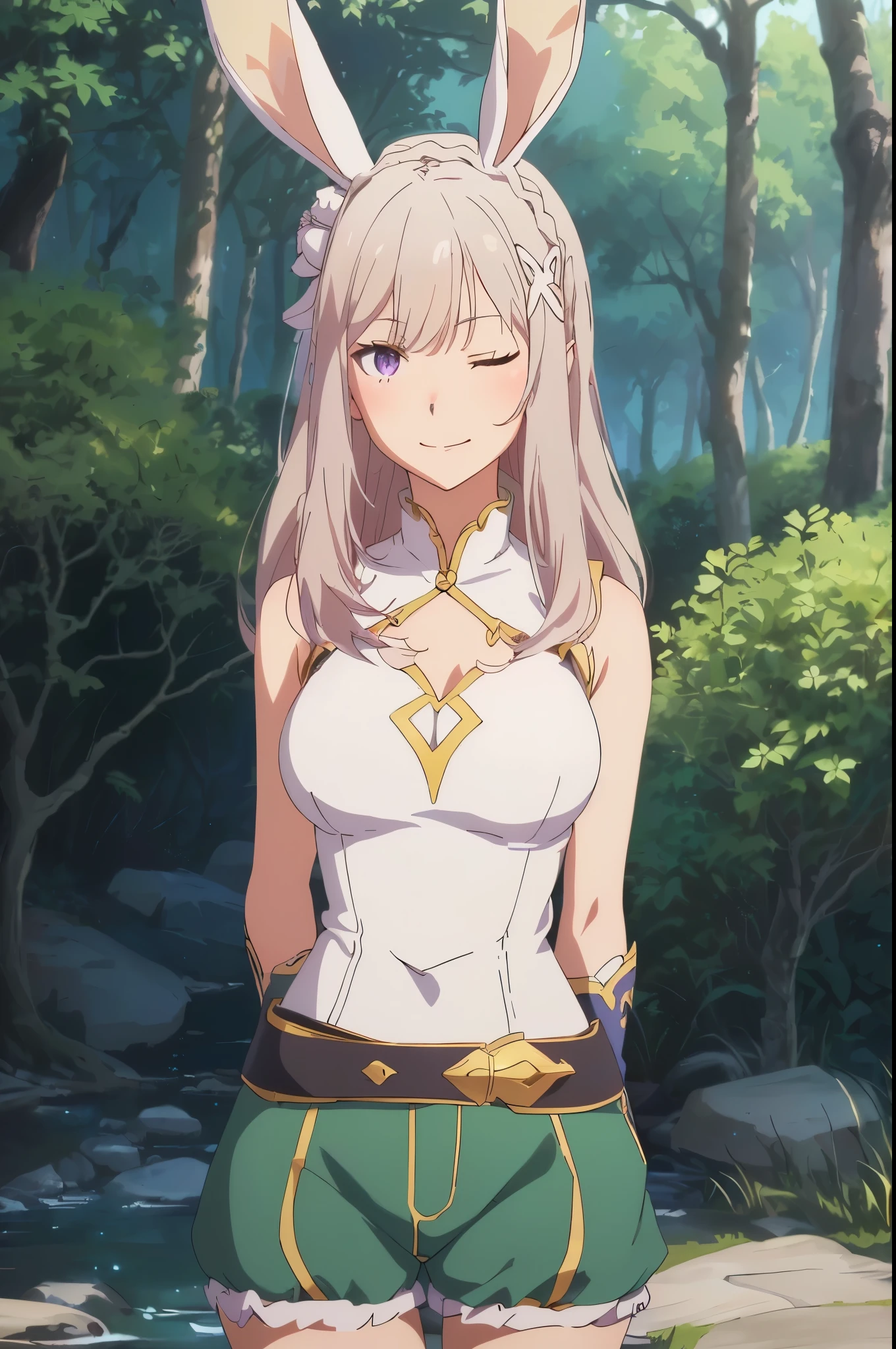 Emilia re:zero, purple eyes, Emilia, crown braid, x hair ornament, flower hair ornament, white hair, long hair, medium breasts, winking, one eye closed, anime girl with bunny ears and green shorts standing in front of a stream, portrait knights of zodiac girl, anime lush john 8k woods, scales covering her chest, official art, cushart krenz key art feminine, smooth anime cg art, anime visual of a young woman, portrait of a female anime hero, painted in anime painter studio, the goddess artemis smirking