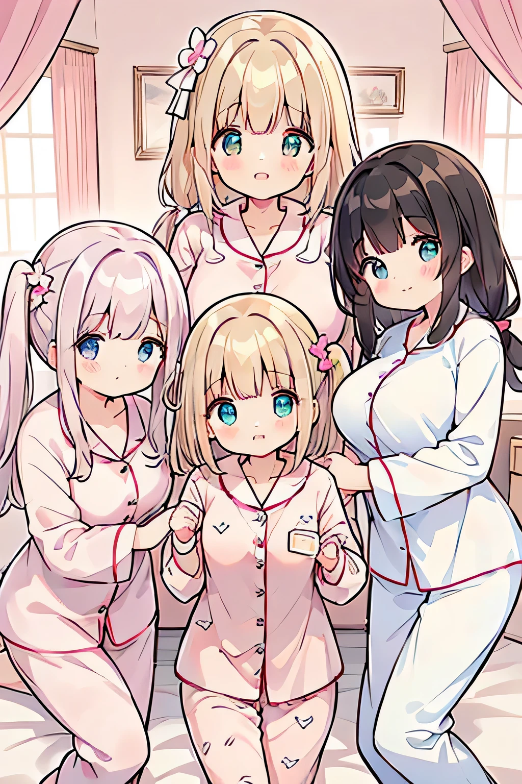 highest quality、High resolution、Detailed Background、(Beautiful face in every detail:1.4)、Anatomically correct、(Detailed facial expressions)、(Detailed eyes:1.2)、age beauty、(Highly detailed face:1.4)、(Huge breasts:1.1)、Cute hair colour、Bobcut、Twin tails、Cute items such as pajamas and cute bedding、Pajama Party、Cute gestures、A shy but happy smile、
(Three beautiful girls in pajamas:1.5)
