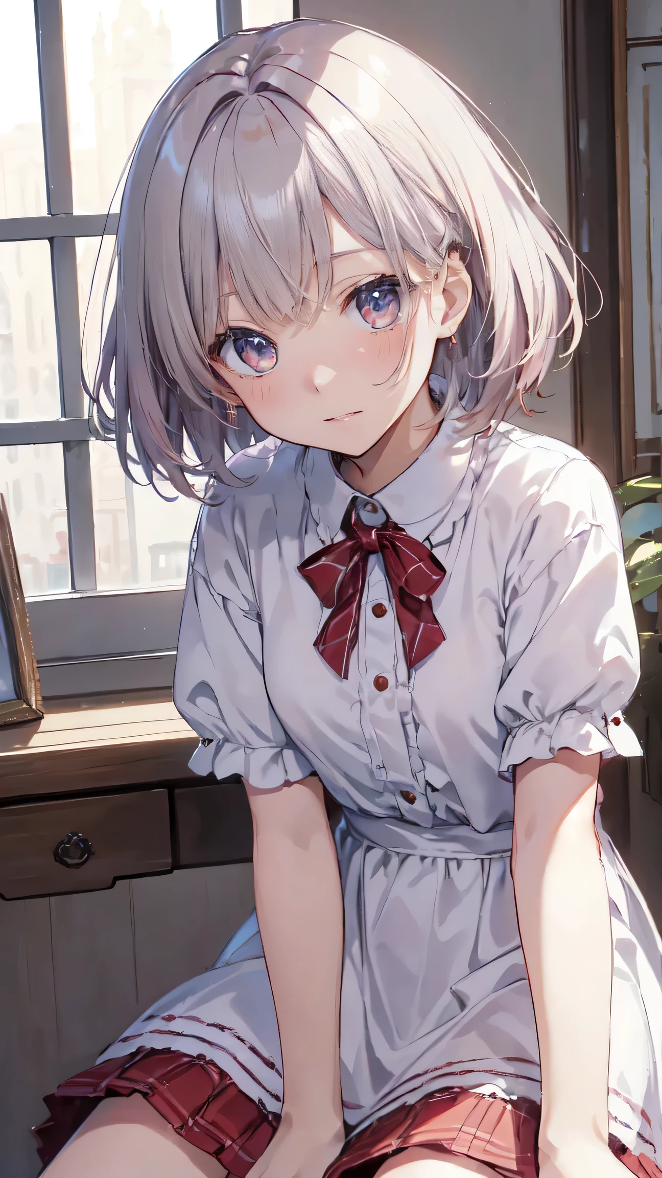 masterpiece、highest quality、highest quality、(((upon)))、 ((Blushing with an embarrassed look))、Hair quality and shine、Small face、Sitting、Very detailed, beautiful, Big eyes、Super detailed, clear and beautiful faces、(Cute illustrations:1.2), High resolution, Super detailed, highest quality, Embarrassing、short hair、Red eyes、White Hair、Town、Short sleeve