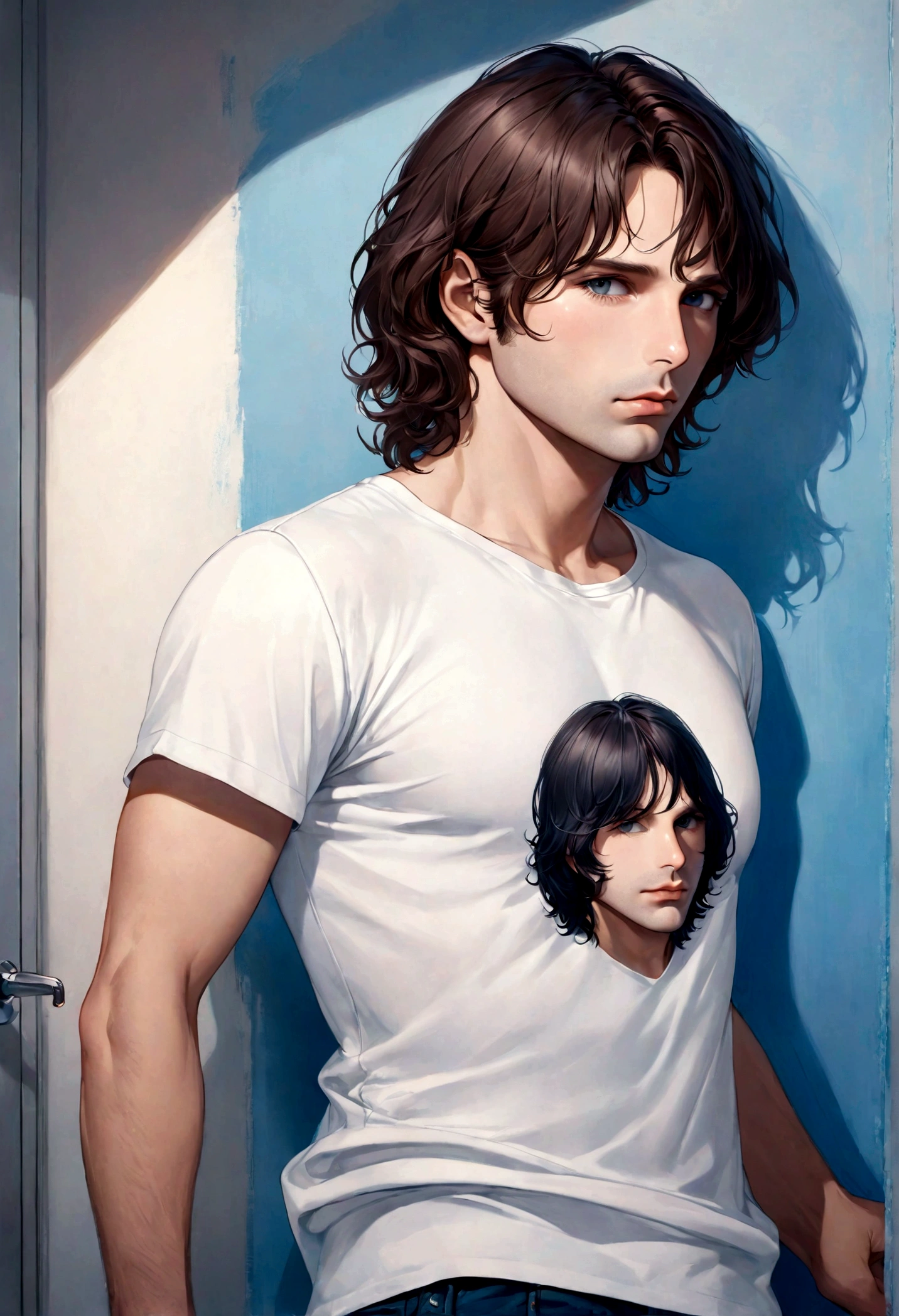 (Camiseta blanca para hombre), ), (con poca barba,) Aspecto atractivo y serio, Dark brown hair, Elegante y con estilo, Camiseta de cuerpo fuerte afeitada, Un hombre similar al actor Jim Morrison, (Imagen realista y de alta calidad), Apartamento escandinavo en el fondo con pintura de pared azul, ((La mejor calidad, 8K, obra maestra).