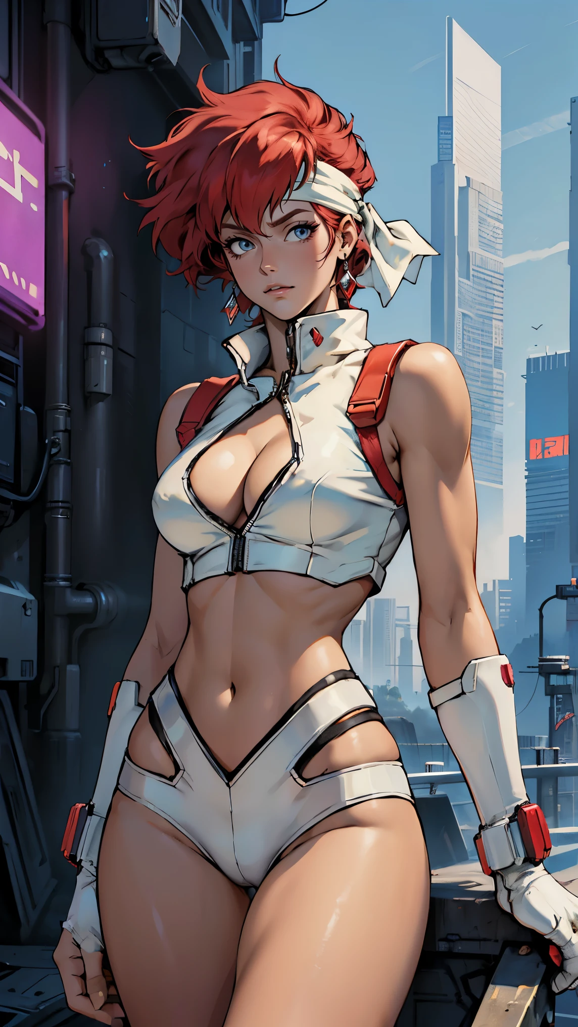 ((Masterpiece, highest quality; 1.3)), super quality, beautiful detail, super detailed, extra fine, 16K, exquisite, absurd, high resolution, beautiful background, detailed background, beautiful eyes, beautiful skin, anime style, Kay from Dirty Pair in a white outfit, tight outfit, cleavage, bushy redhead beauty, very light blue uniform, wearing tight clothes, skimpy, (mid chest: 1.2), cleavage, cleavage, slim waist , thin waist, slim thighs, thin legs, slim legs. thigh gap, showing stomach, skinny, thin hips, cyberpunk city background, retro space gun holding, headband, 