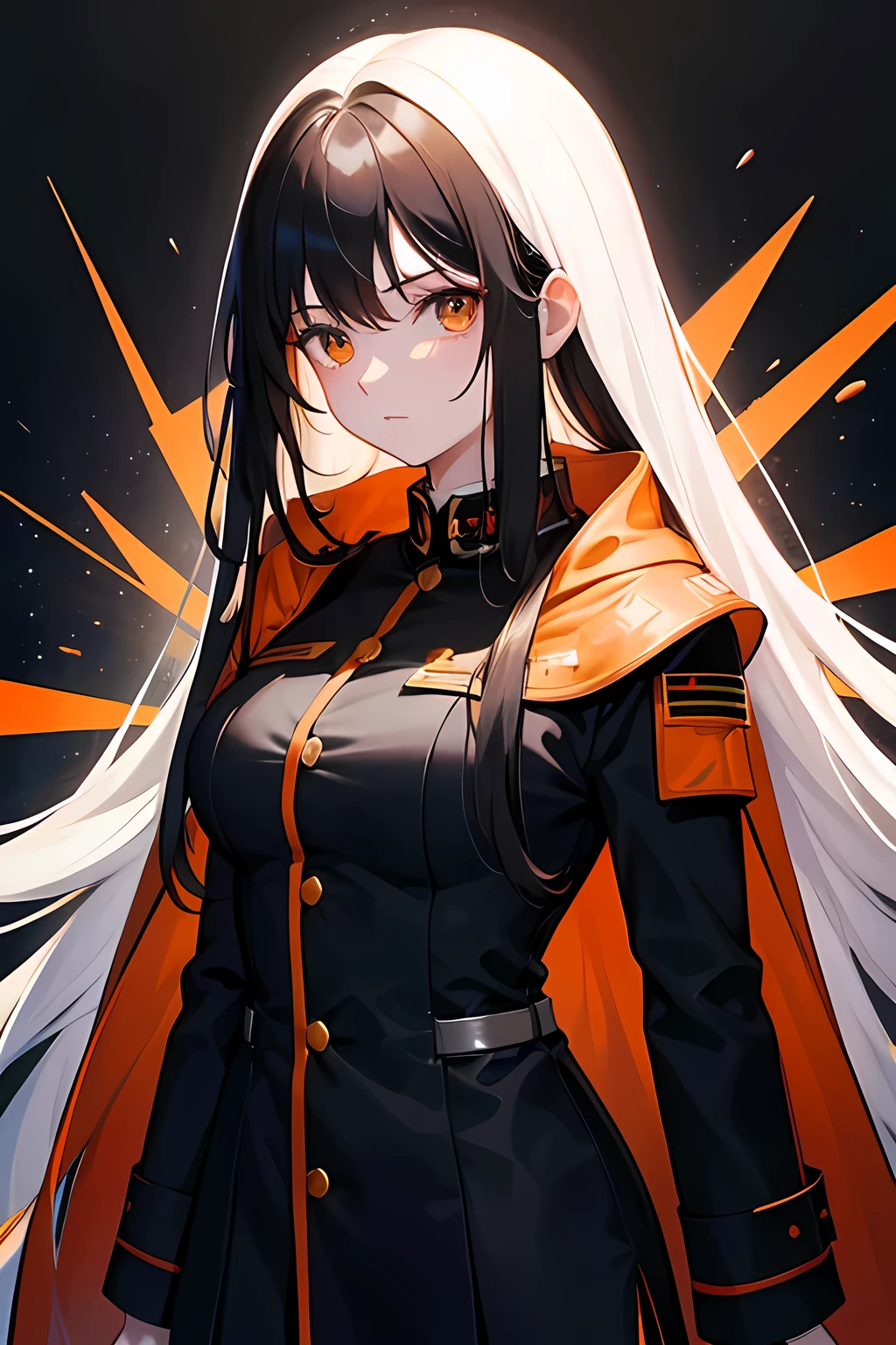long black-haired white 17-year-old girl wear military suit, orange cape, big hazel eyes, sci-fi, dark mood, charturnerv2
