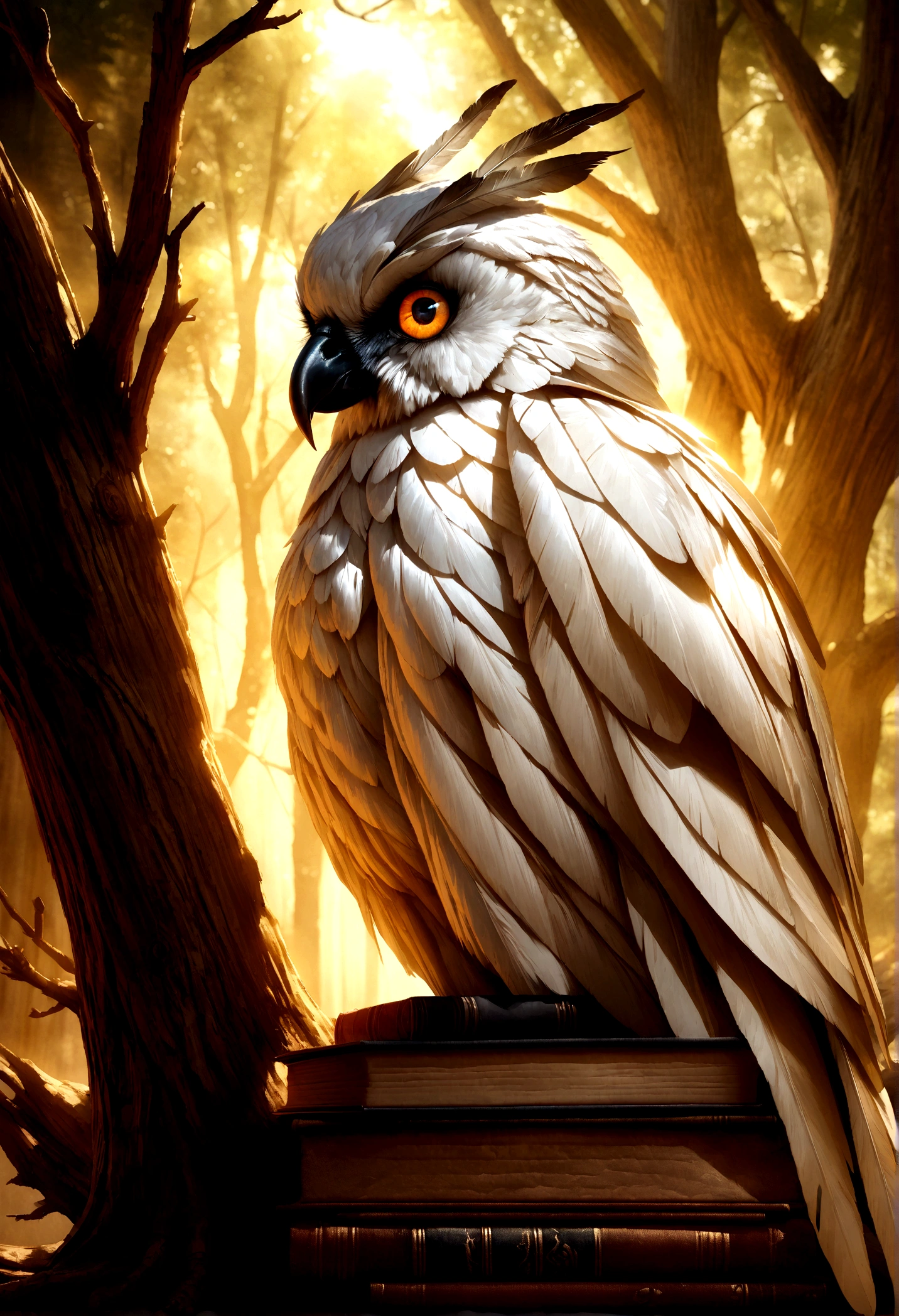 a white owl with brown spots, extremely detailed, highly detailed, photorealistic, hyperrealistic, detailed eyes, detailed beak, detailed feathers, detailed tree branch, old book, forest background, intricate details, cinematic lighting, dramatic shadows, colors warm, golden hourly lighting, preencha a imagem do lado esquerdo