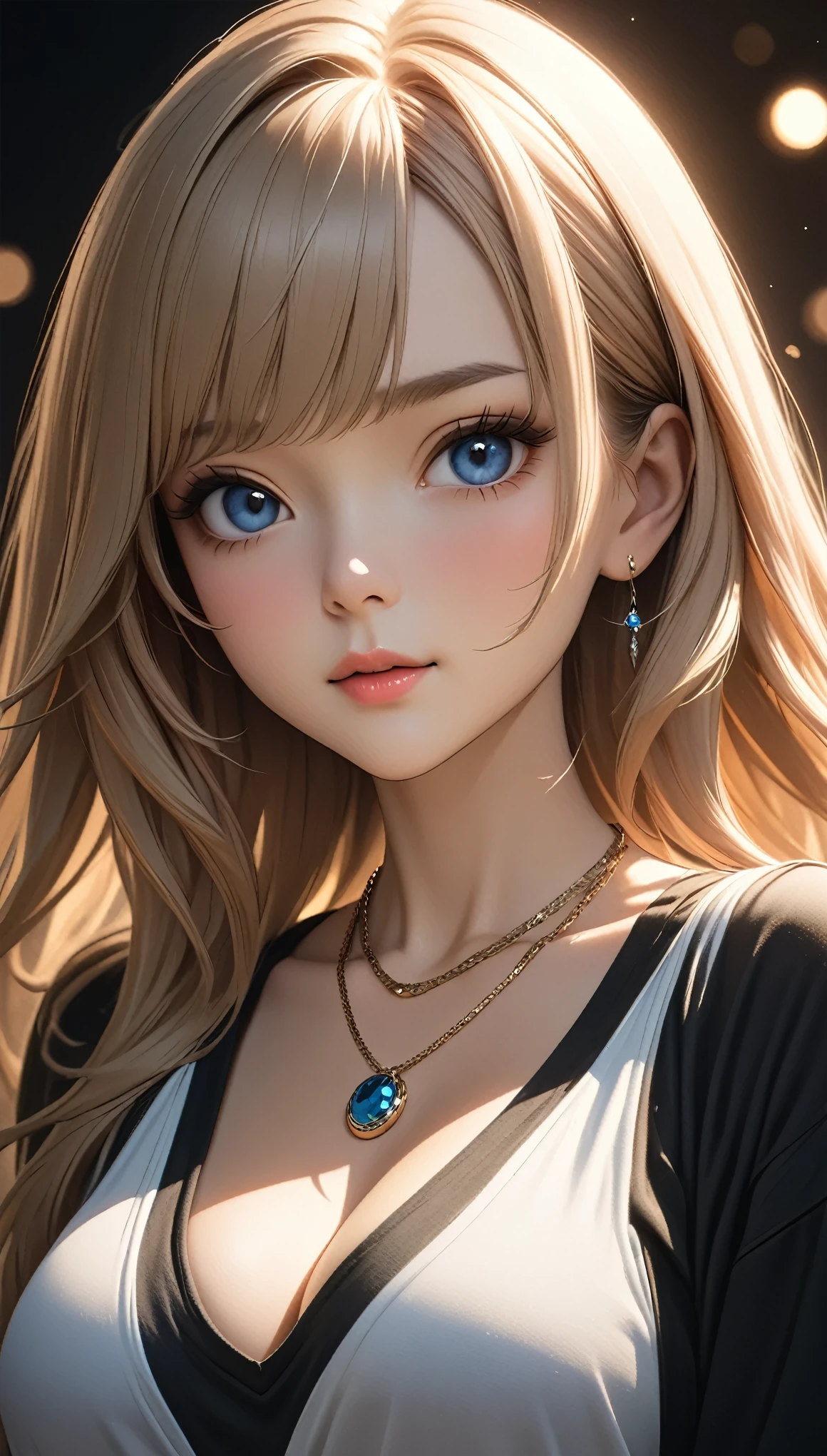 best quality, masterpiece, high resolution, A girl, blond, Blue eyes, fashion clothing, necklace, jewelry, Pretty Face, Perfect breasts, more than_Body, Tyndall effect, lifelike, Dark Studio, Side lighting, Two-color lighting, (HD Skin:1.2), 8k Ultra HD, Soft Light, high quality, Volumetric Lighting, frank, photography, high resolution, 8k, Bokeh, short depth of field,,