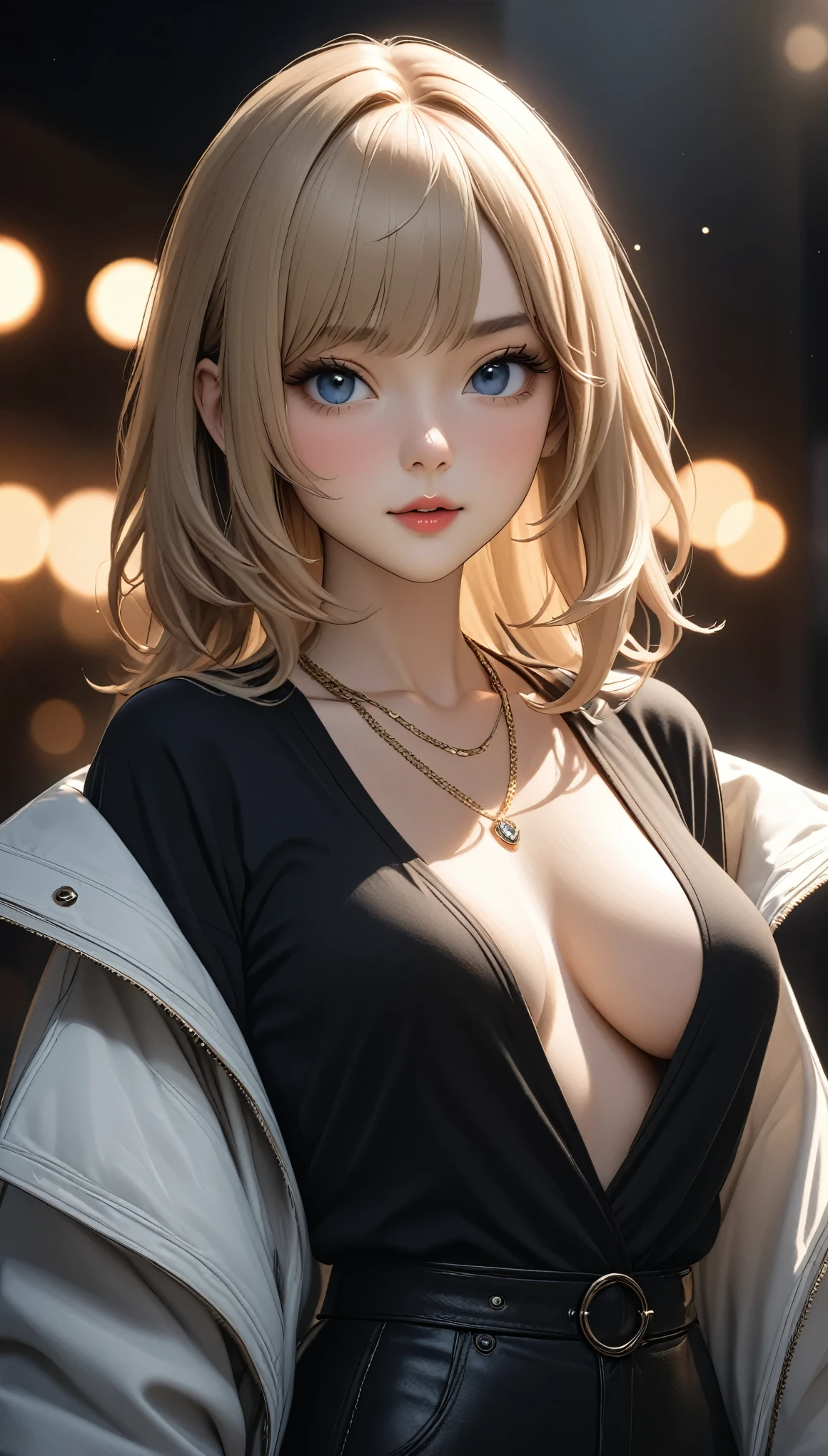 best quality, masterpiece, high resolution, A girl, blond, Blue eyes, fashion clothing, necklace, jewelry, Pretty Face, Perfect breasts, more than_Body, Tyndall effect, lifelike, Dark Studio, Side lighting, Two-color lighting, (HD Skin:1.2), 8k Ultra HD, Soft Light, high quality, Volumetric Lighting, frank, photography, high resolution, 8k, Bokeh, short depth of field,,
