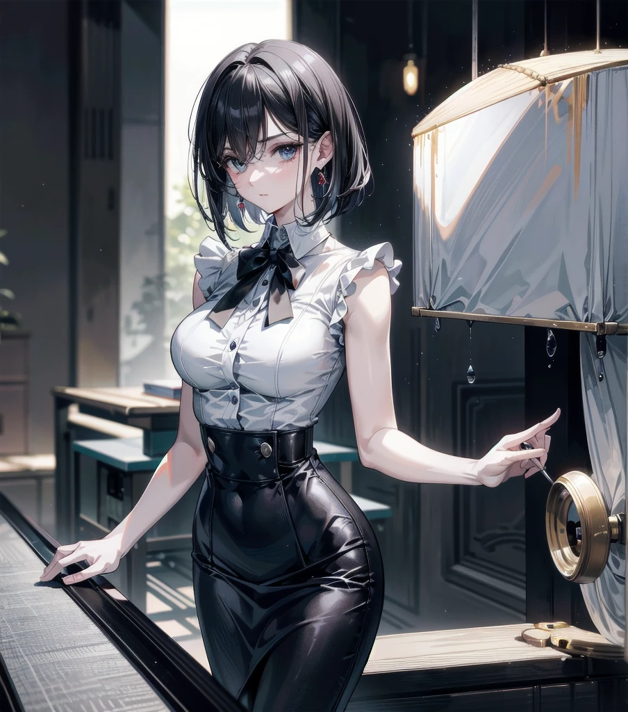 absurdres, RAW photo, extremely delicate and beautiful, masterpiece, Best Quality, ultra high resolution, 32k, hyperrealistic, ultra-detailed, perfect anatomy, anatomically correct, perfect figure, Perfect Style, Perfect balance, in her 20s, very Slim body, narrow waist, very small head, very small face, delicate facial features, detailed face, detailed eyes, tearful mole, earring, very huge round breasts, whole body shot, whole legs, medium hair, asymmetrical hair, indoor, skirt, camisole,
