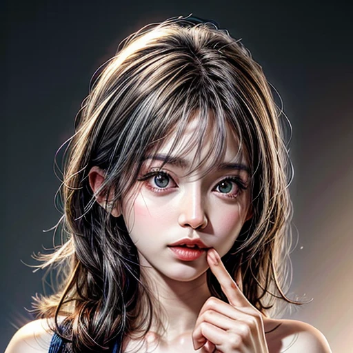 (highest quality,Super detailed,Physically Based Rendering:1.2), (RAW, Realistic, Photorealistic:1.37), (Acutance:0.85),Portraiture,Beautiful young woman with Delicate facial features,Soft lighting, ((Playfully licking finger with tongue, Gently placing a finger in the mouth)), (Close-up shot of sensual lips),Cheeks turn slightly red,A gentle and captivating gaze, cute BabyLike finger . Studio gray background, Light Particles, many blurred colorful Lights (dazzling bokeH) . BREAK . (((NOGIZAKA face variations))) Extremely Detailed very KAWAII face variations, elaborate detailed Eyes with (sparkling highlights:1.2), (Voluminous long eyelashes:0.9)、Glossy RED Lips with beautiful details, Coquettish tongue, Rosy cheeks, Radiant PearlSkin with clear transparency, (Natural:0.7) Detailed FlawlessSkin with glowing DowneyHair . { (Dynamic LifeLike expressions:1.4) | :d) }, (large eyes:-1) . mouth_hold, { Pale Hair | Deep Hair }, ((multiple colored hair:-1.4)) ,