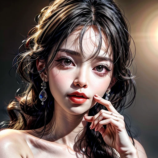 (highest quality,Super detailed,Physically Based Rendering:1.2), (RAW, Realistic, Photorealistic:1.37), (Acutance:0.85),Portraiture,Beautiful young woman with Delicate facial features,Soft lighting, ((Playfully licking finger with tongue, Gently placing a finger in the mouth)), (Close-up shot of sensual lips),Cheeks turn slightly red,A gentle and captivating gaze, cute BabyLike finger . Studio gray background, Light Particles, many blurred colorful Lights (dazzling bokeH) . BREAK . (((NOGIZAKA face variations))) Extremely Detailed very KAWAII face variations, elaborate detailed Eyes with (sparkling highlights:1.2), (Voluminous long eyelashes:0.9)、Glossy RED Lips with beautiful details, Coquettish tongue, Rosy cheeks, Radiant PearlSkin with clear transparency, (Natural:0.7) Detailed FlawlessSkin with glowing DowneyHair . { (Dynamic LifeLike expressions:1.4) | :d) }, (large eyes:-1) . mouth_hold, { Pale Hair | Deep Hair }, ((multiple colored hair:-1.4)) ,