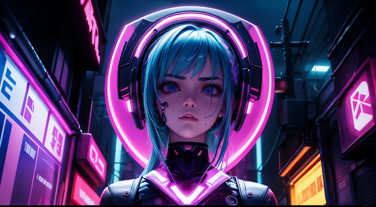 Cyberpunk　mulher　noite　Detailed representation of facial expression　Detailed facial representation　Detailed representation of hair　Detailed representation of clothing　Luz neon　beco