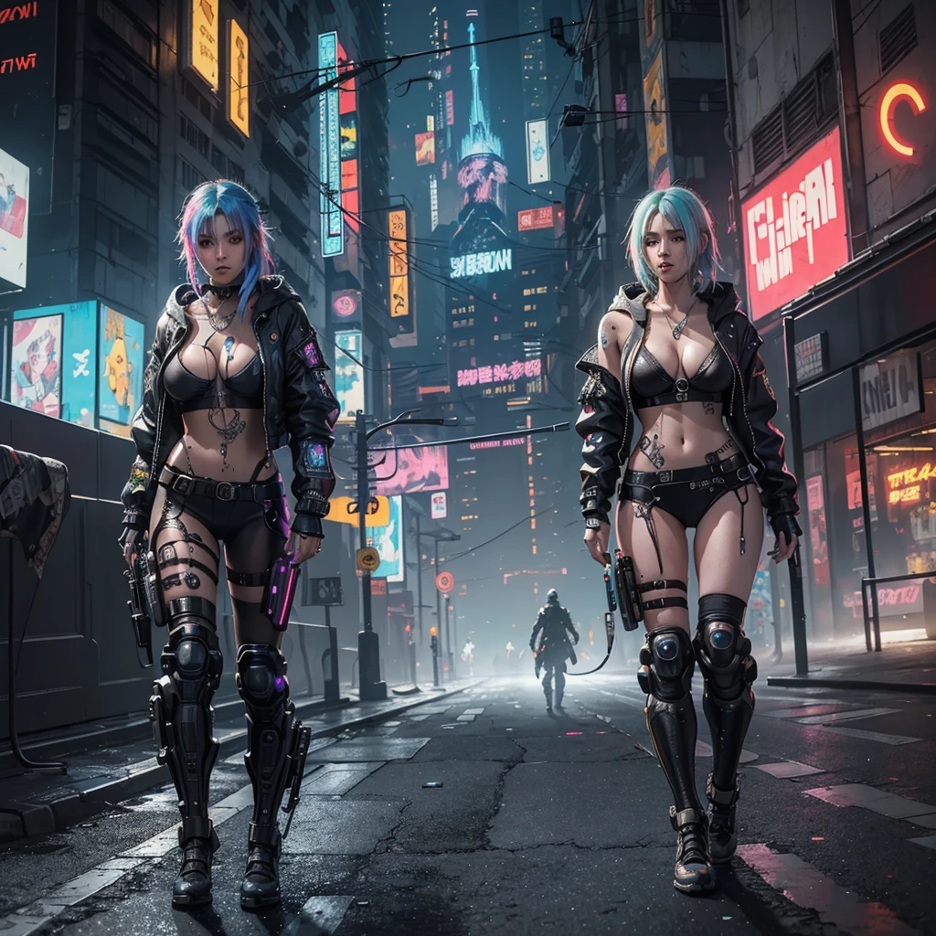 3/4 shot.Unbeatable masterpiece, Ultra photo realsisim, Perfect Artwork, Intricate details, Best Quality, strong lights,High contrast,((Post apocalyptic futuristic Cyberpunk , outline):1.35) , ((masterpiece)),((Extremely detailed)) , ((extremely detailed and beautiful face)) , Smoky makeup, Perfectcomposition , intricate detailes , neon light , neon trim, (full body Esbian:1.25) , (Official art) , Very delicately beautiful cyberpunk girl, long rainbow colored hair blowing in the wind, cybernetic limbs, vibrant yellow eyes, long detailed eyelashes, huge enormously gigantic tits, cleavage showing, wearing highly detailed futuristic oversized hooded battle armor, tons of tattoos and piercings(1girl:1.3) , Solo , (glass screen:1.2) , (Clear glass) , Tindall Effect , Colorful refraction , visual impact , (High light contrast) , Colorful , Melt , (Cyberpunk:1.2) ,(flinch :1.4) ,