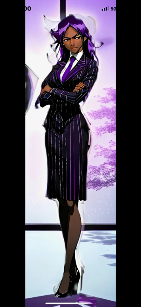 Make her suit and skirt be purple and pinstriped and her purple tie pinstriped too as a black business woman with her arms folded and her skirt is pinstriped and purple and the skirt is knee long with black stockings