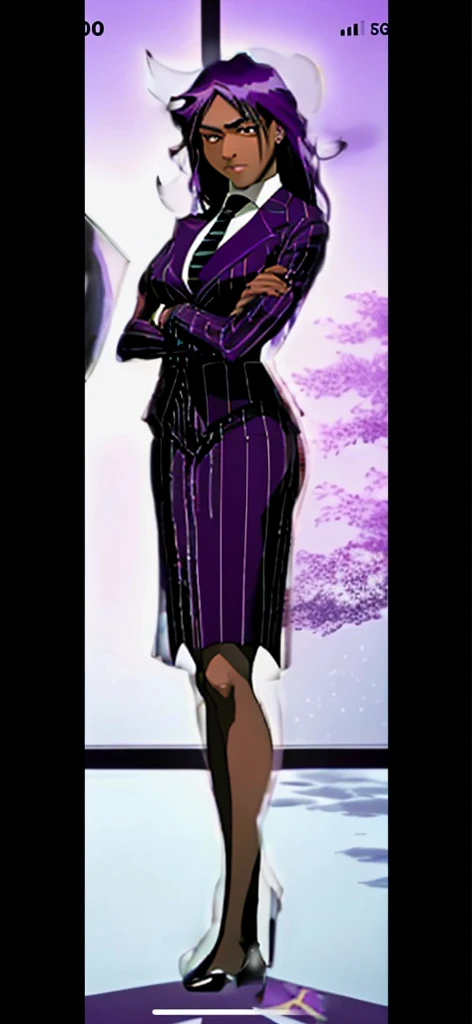 


Make her suit and skirt be purple and pinstriped and her purple tie pinstriped too as a black business woman with her arms folded and her skirt is pinstriped and purple and the skirt is knee long with black stockings 