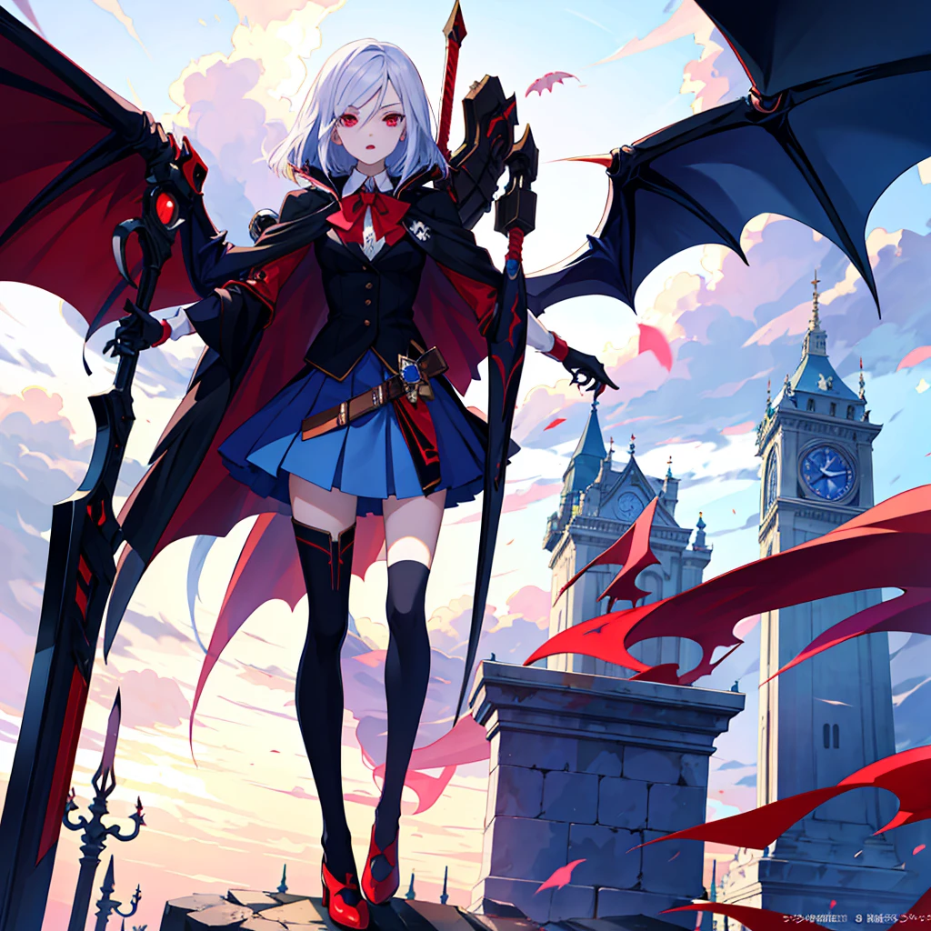 1girl、(masterpiece, highest quality), (Thin Hair), Super detailed, Anime Style, alone, full length, Concept Art,Vampire Hunter　high school girl　Reaper&#39;s Scythe, Black Sailor Suit, With the bat. Super huge, Tattered Gauntlets, Tall and stylish,  Very large.、White Background, full lengthに立って, Standing on the desolate land,