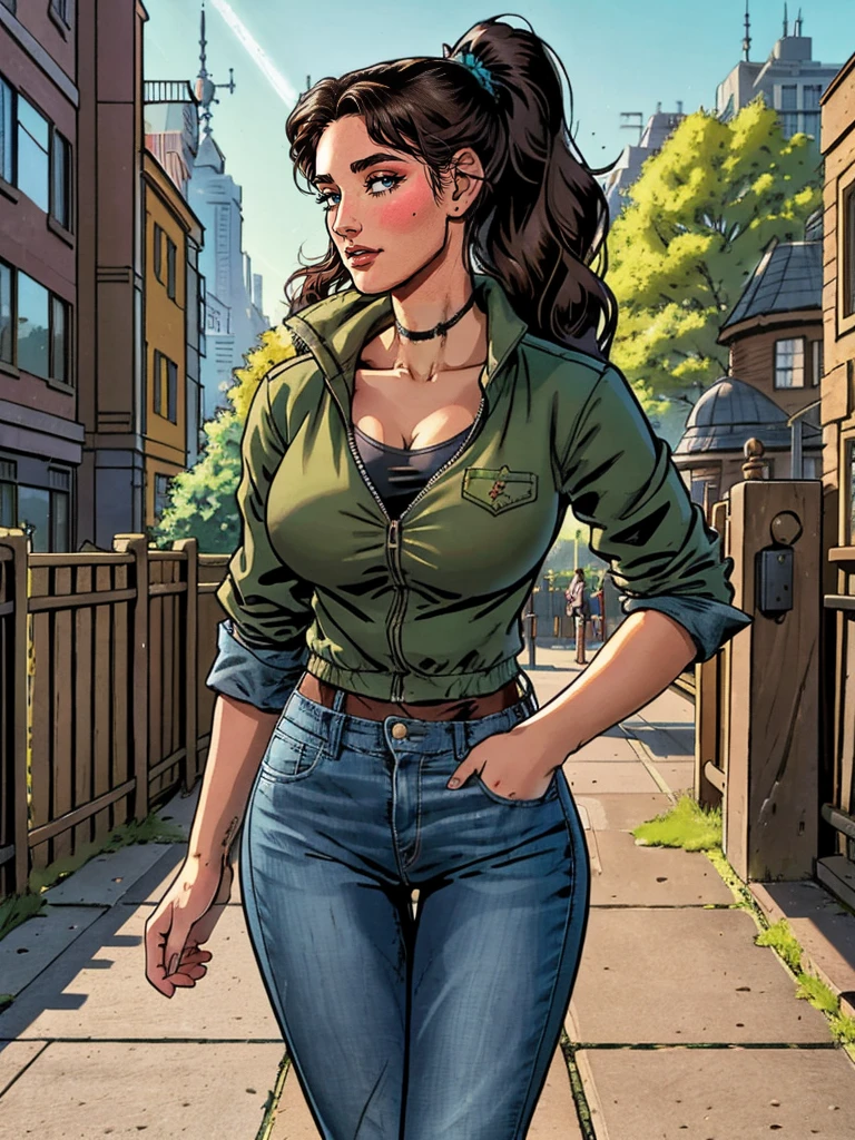 (masterpiece, top quality, best quality, official art, beautiful and aesthetic:1.2), (1girl:1.15), dark brown hair pulled back, elegant updo, extremely detailed, portrait, looking at viewer, facing viewer, solo, (full body:1.2), detailed background, close up, kindly eyes, (warm summer park theme:1.1), busty woman, charlatan, smirk, mysterious, long hair, huge ponytail, slim, thin, athletic, womanly, elastic woman, dark green jacket, tank top, blue jeans, hair bandana, camera bag, brunette, city, heroic, cheerful, city exterior, park, street, daylight, soft lighting, natural lighting, athletic, strong, slim waist, slim hips, long legs, muscular legs, modern (city park exterior:1.1) background, bright mysterious lighting, shadows, magical atmosphere, dutch angle, (Abigail Shapiro)