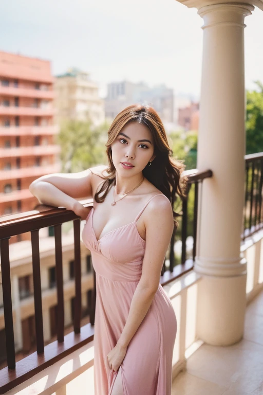 (masterpiece, best quality:1.2), 1girl, solo,
 a woman wearing a Light pink dress and a necklace, gorgeous  model,  attractive neck, , sie boob, jaw-dropping beauty, bust with a beautiful neck, bust with a long beautiful neck,sexy poses,Standing in a sexy pose,On the balcony,palace