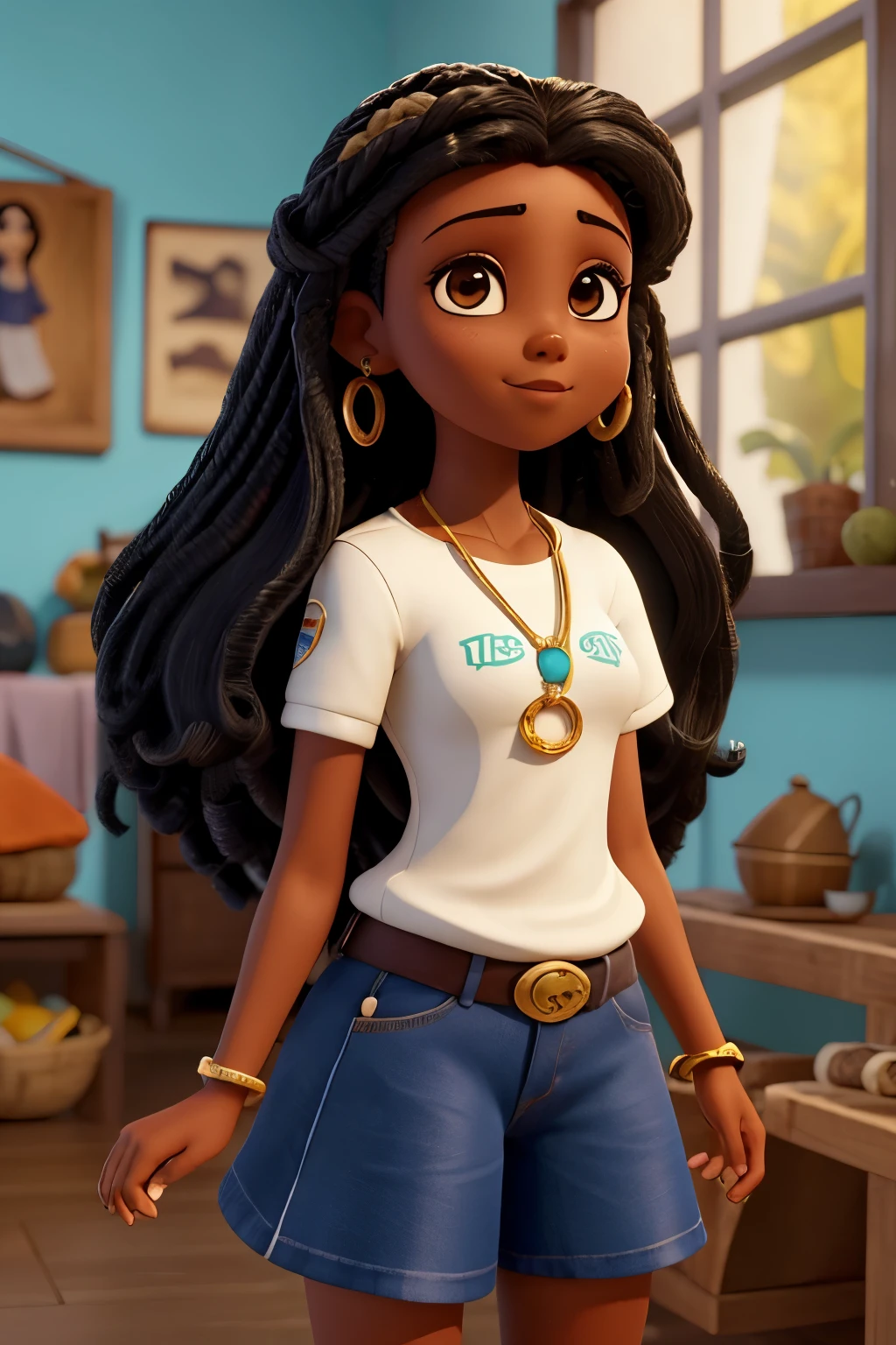 Garota de 14 anos,pele morena,cabelo liso,longo ,solto e bem preto, com franja longa na altura da orelha,com uma pintinha abaixo do nariz,roupas de adolescente,sem brinco,with necklaces and rings